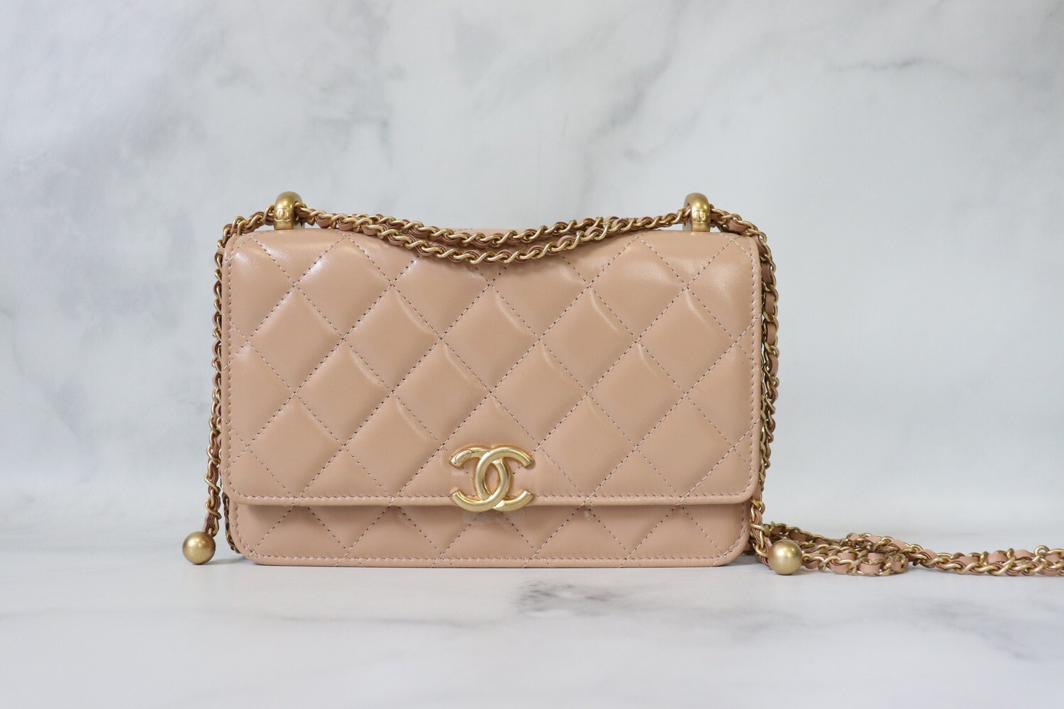 Chanel Quilted Wallet on CC Chain WOC Beige Caviar Gold Hardware