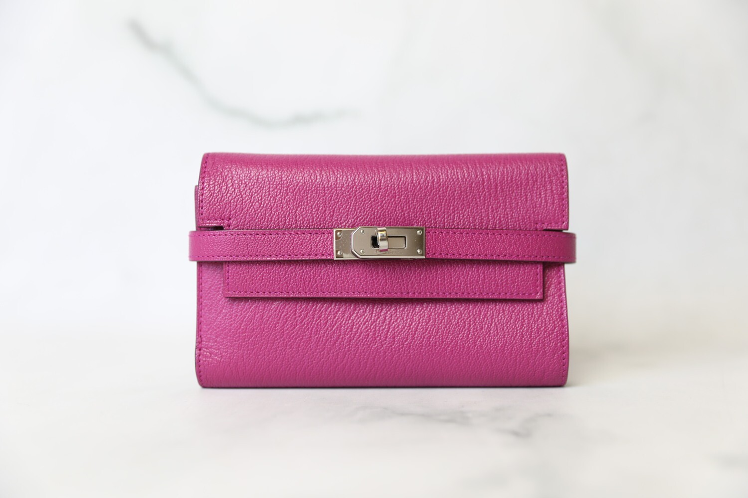 Hermes SLG Kelly Wallet, Fuchsia with Palladium Hardware, Preowned in Box WA001