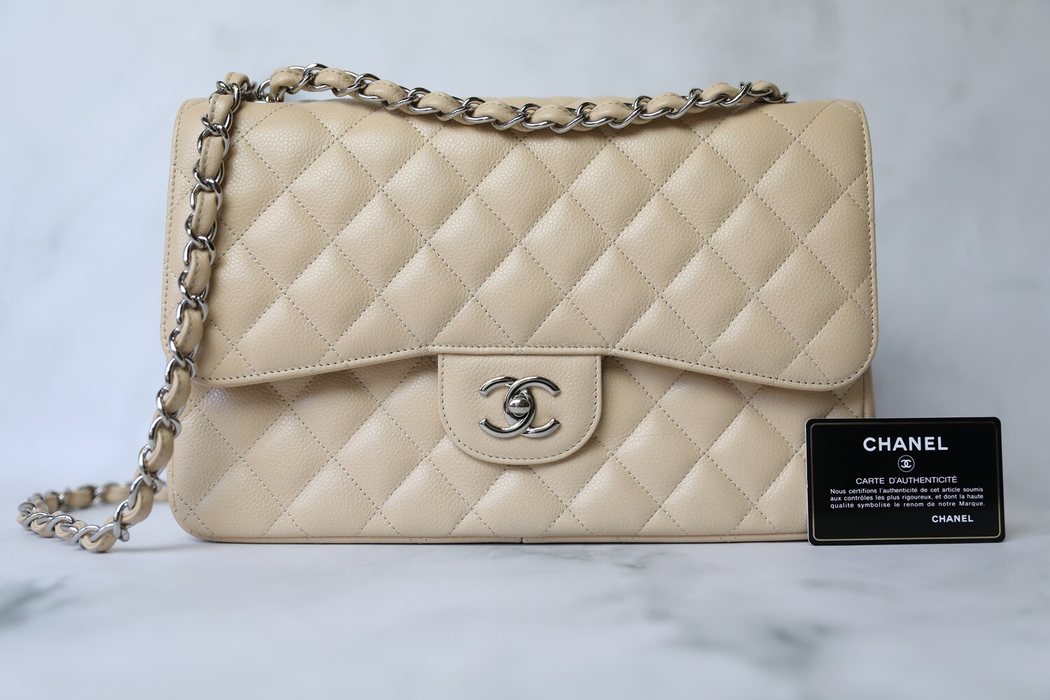 Chanel Classic Jumbo Double Flap Beige Caviar Leather with Silver Hardware,  Preowned in Box WA001