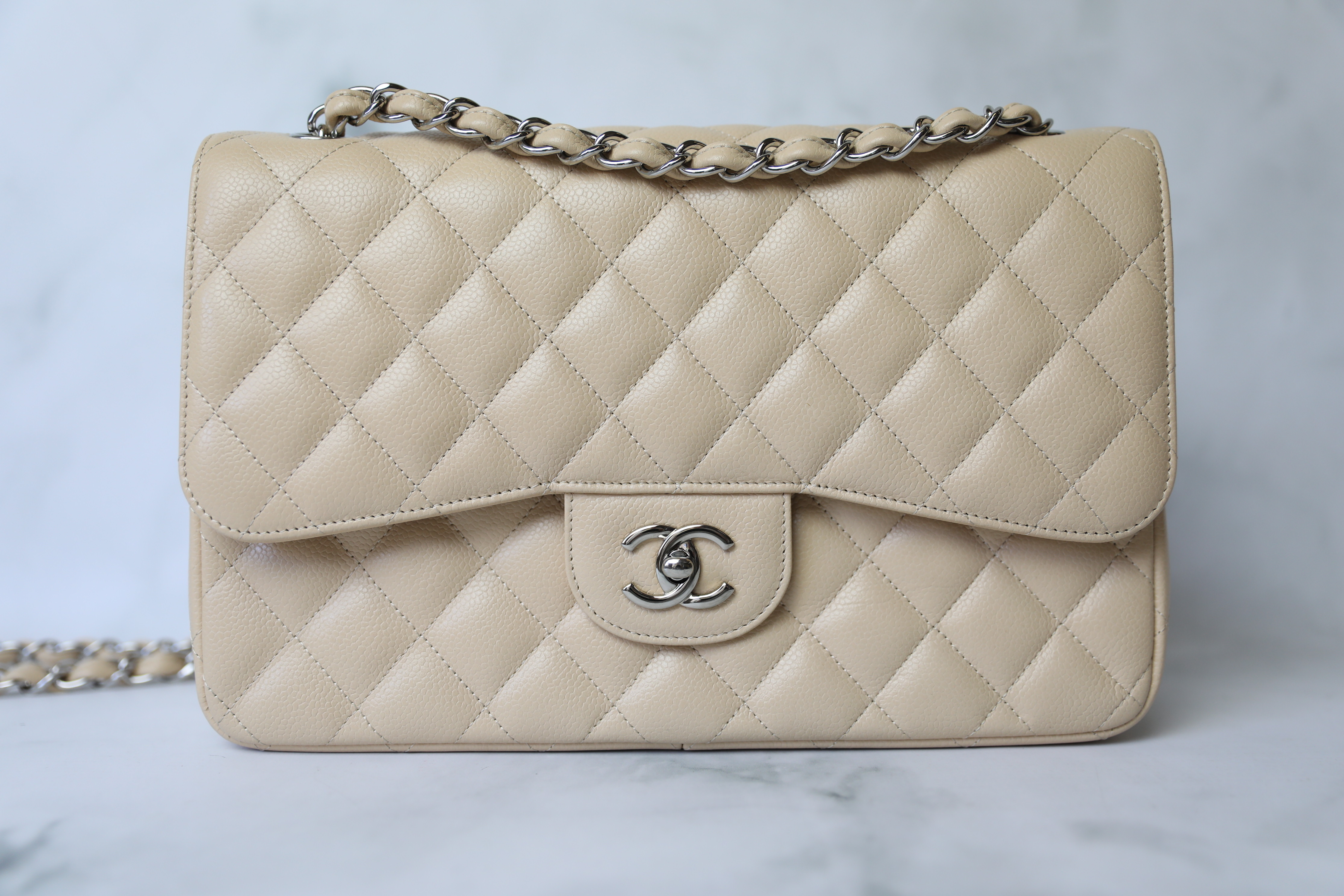 Chanel Jumbo Double Flap Beige Caviar Leather with Silver Hardware