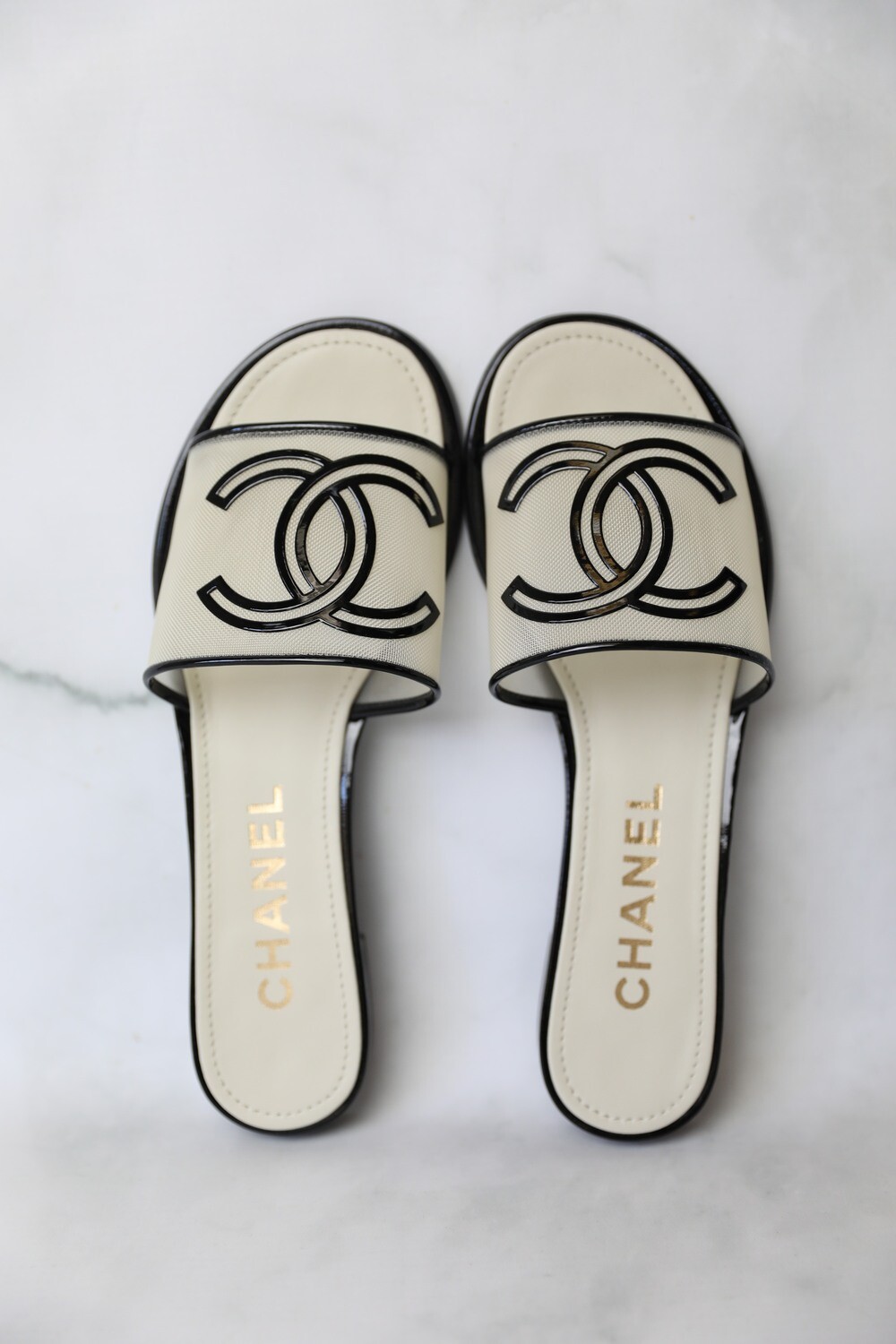 Chanel Slide Sandals, White Mesh, Size 36.5, New in Box WA001