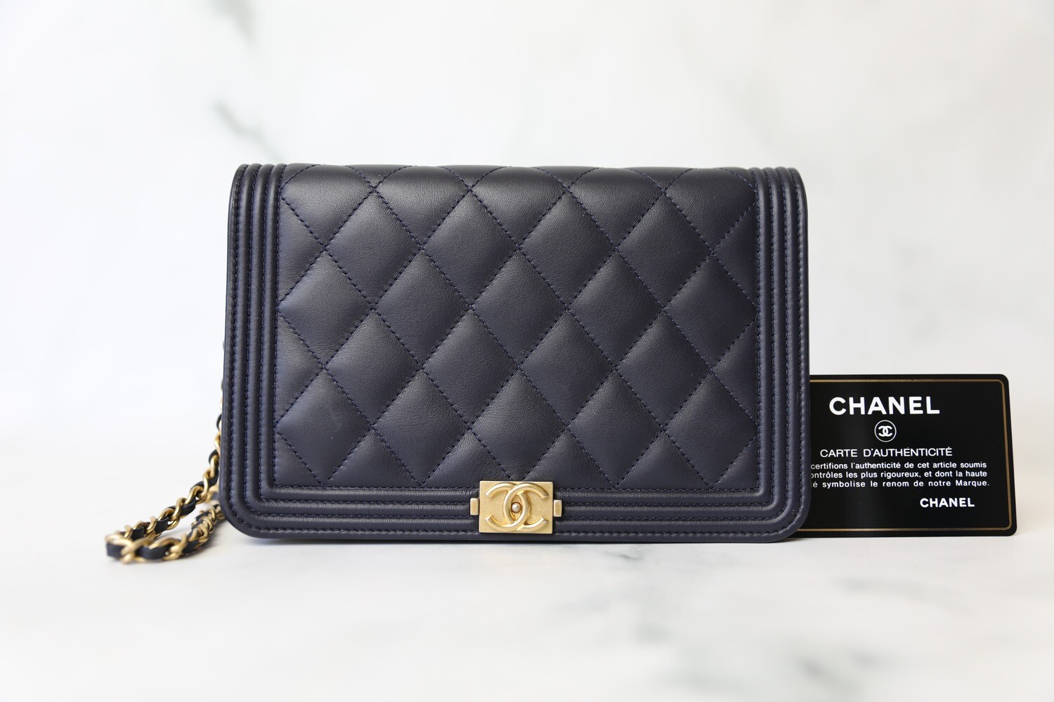 Chanel Boy Wallet on Chain, Navy Lambskin with Gold Hardware, Preowned in Box WA001