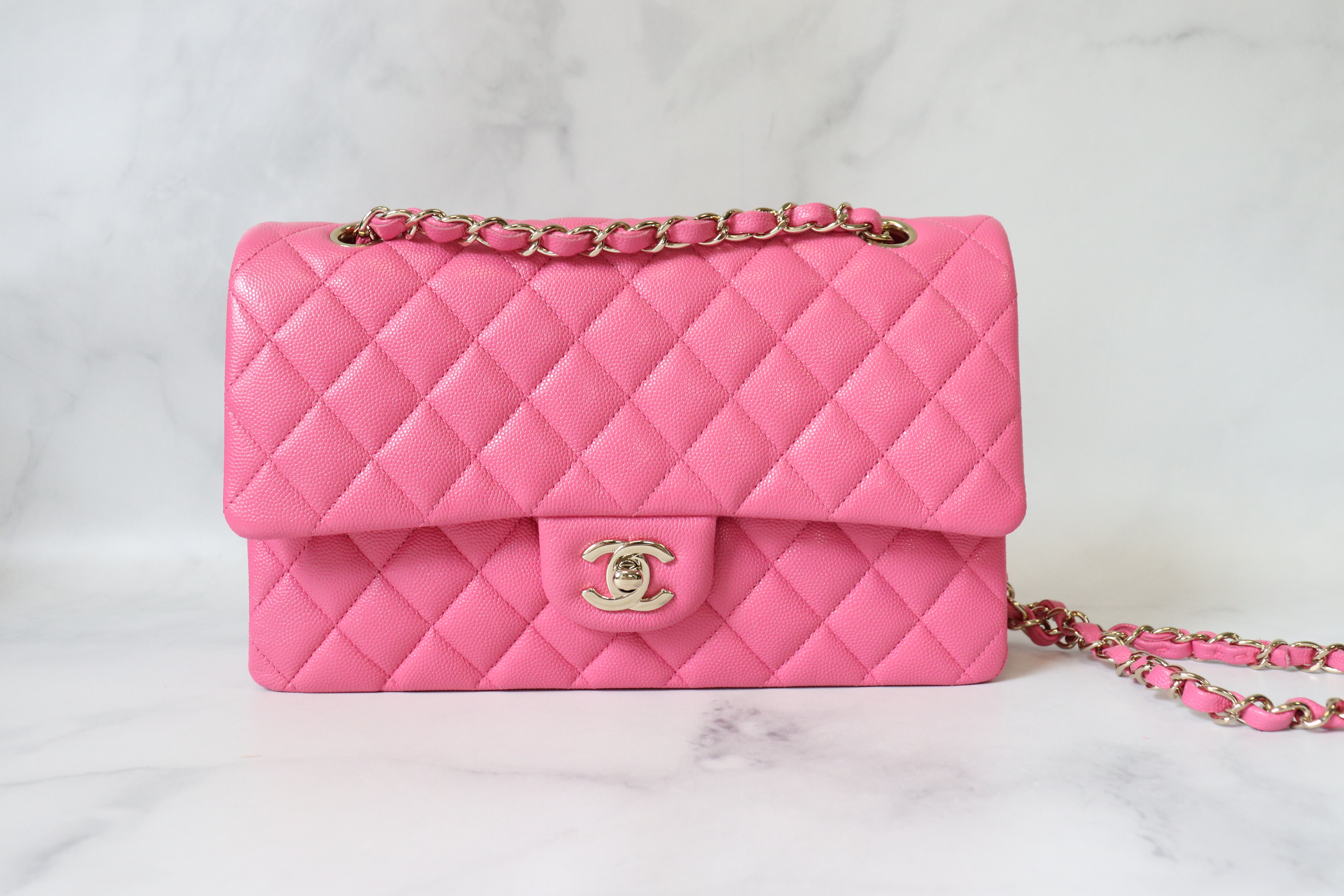 Chanel Classic Medium Double Flap, 21C Pink Caviar Leather, Gold