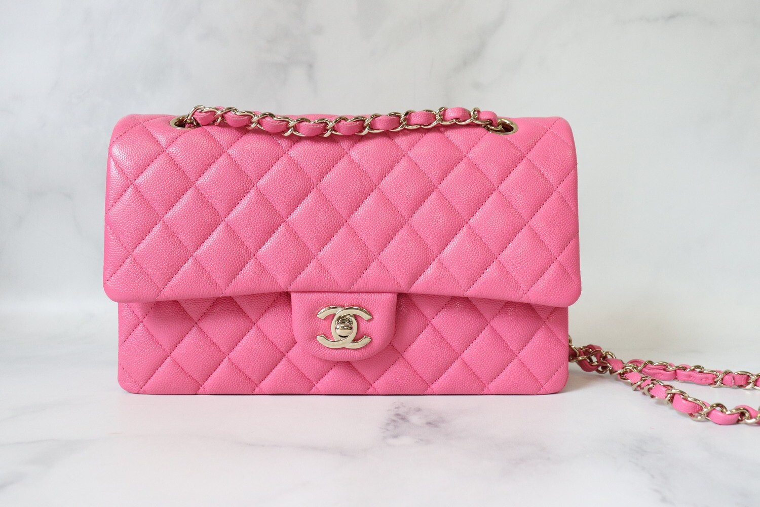 Chanel Classic Medium Double Flap, 21C Pink Caviar Leather, Gold Hardware, Preowned (Mint Condition) in Box