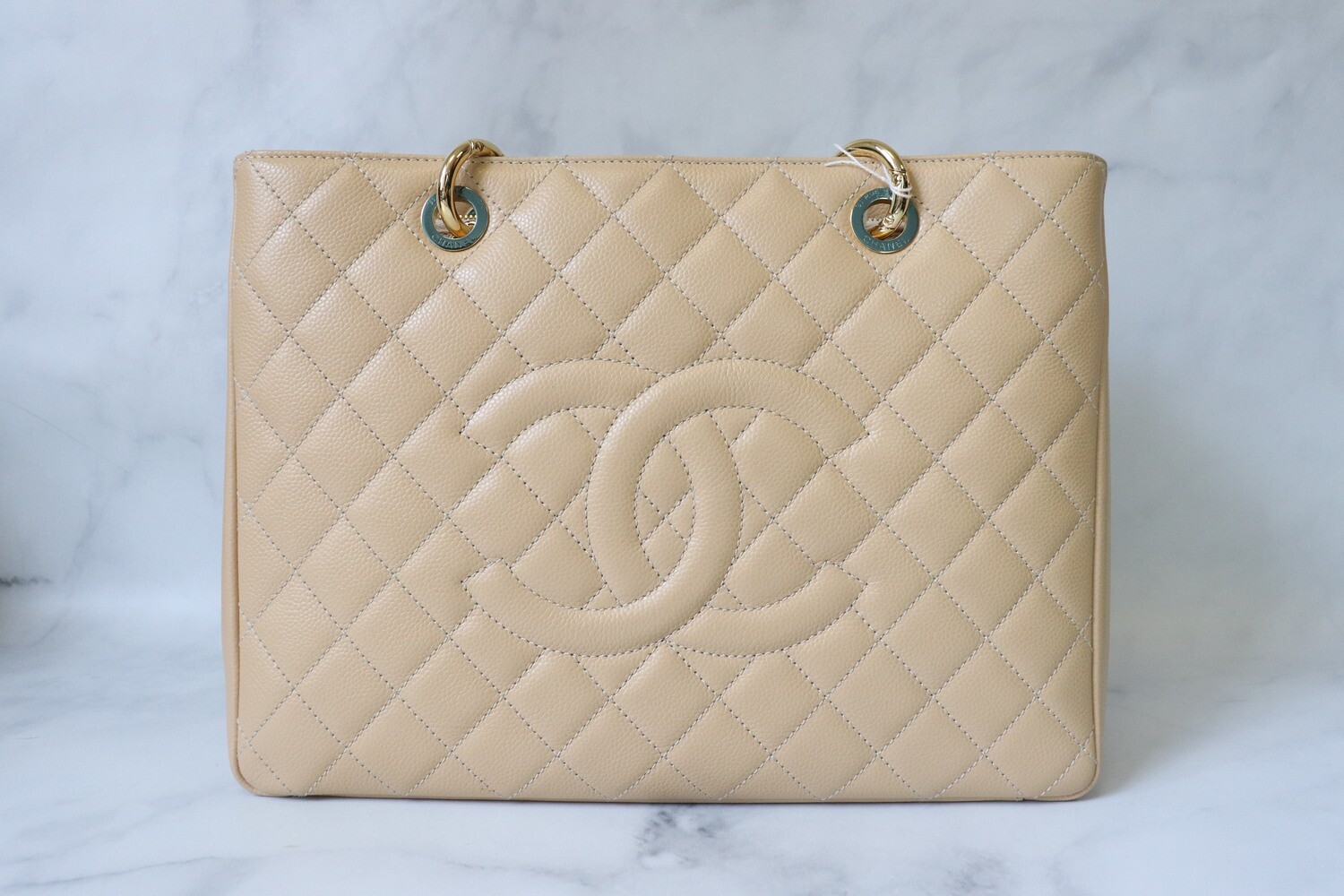 Chanel Grand Shopping Tote Bag, Beige Caviar Leather, Gold Hardware, Preowned in Dustbag