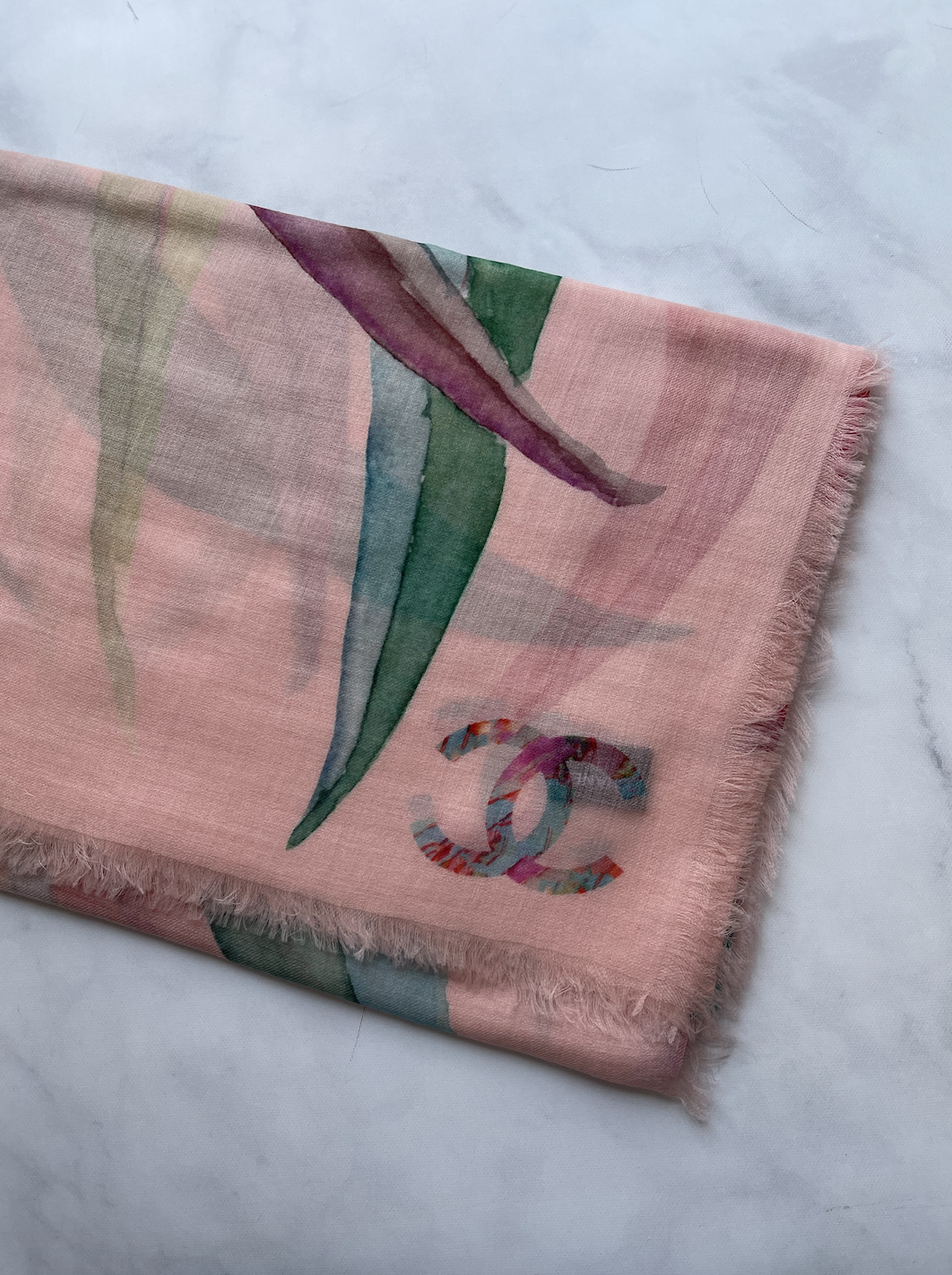 Chanel Scarf Lightweight Cashmere, Floral CC Light Coral Pink, New - No Box