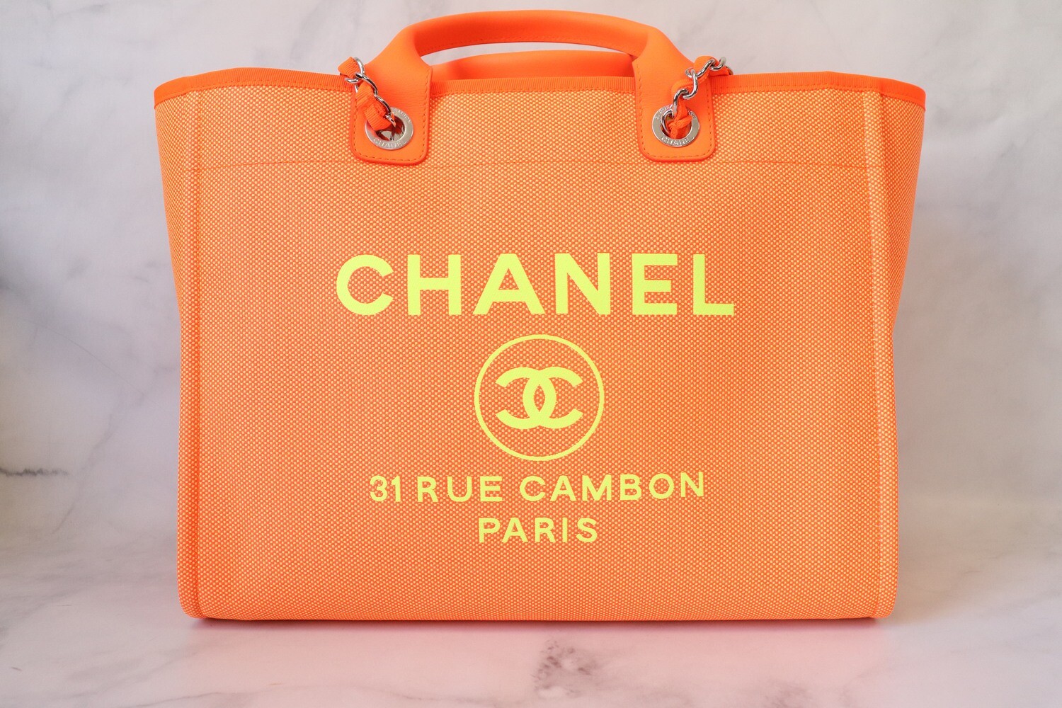 Chanel Deauville Large 21s Neon Orange, Mixed Fibers, As New in Box