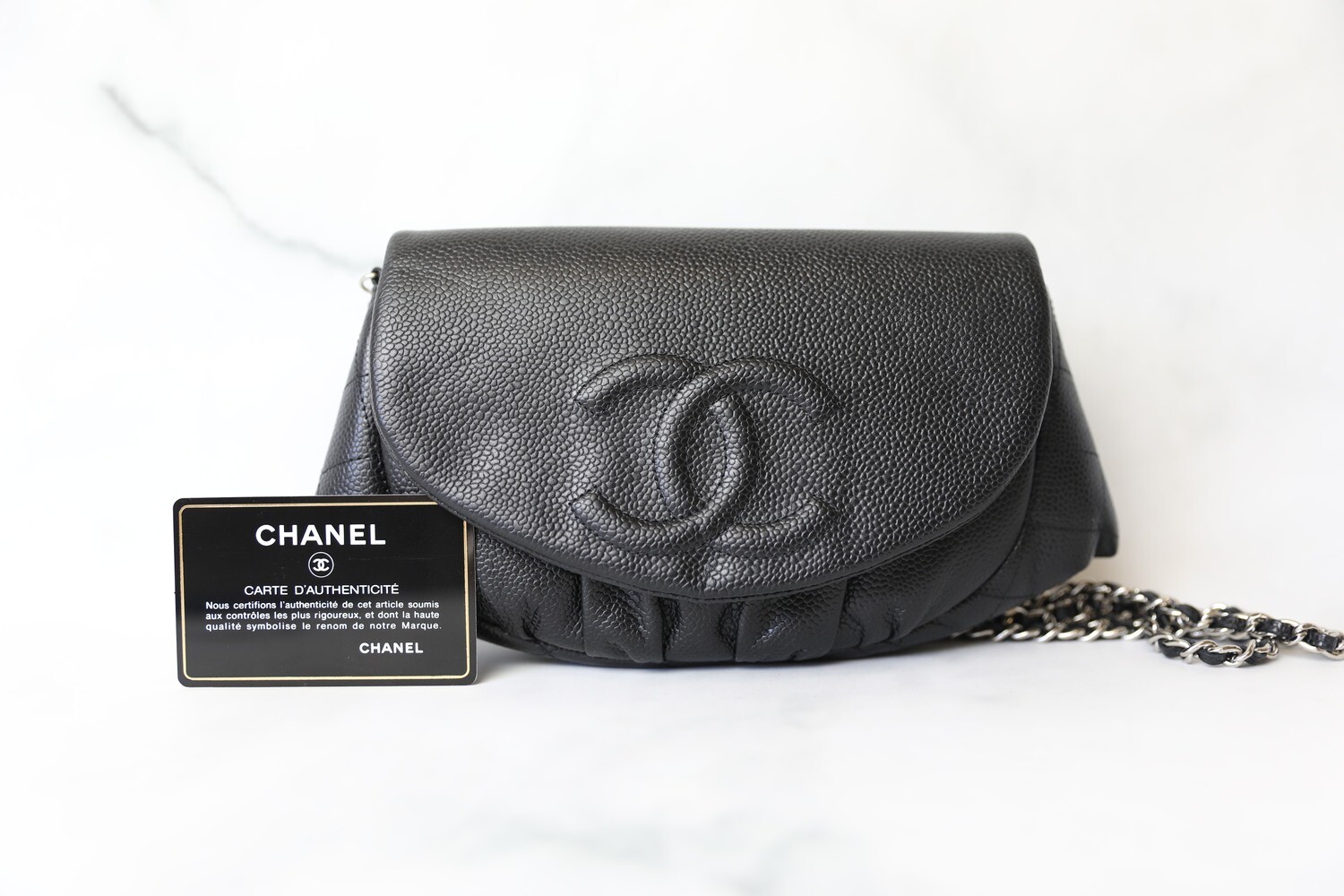 Chanel Half Moon Wallet on Chain, Black Caviar, Preowned in Box WA001