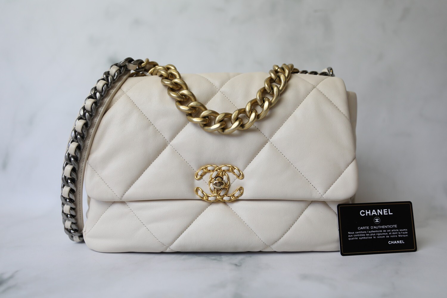 Chanel 19 Large, Beige Lambskin, Preowned in Box WA001