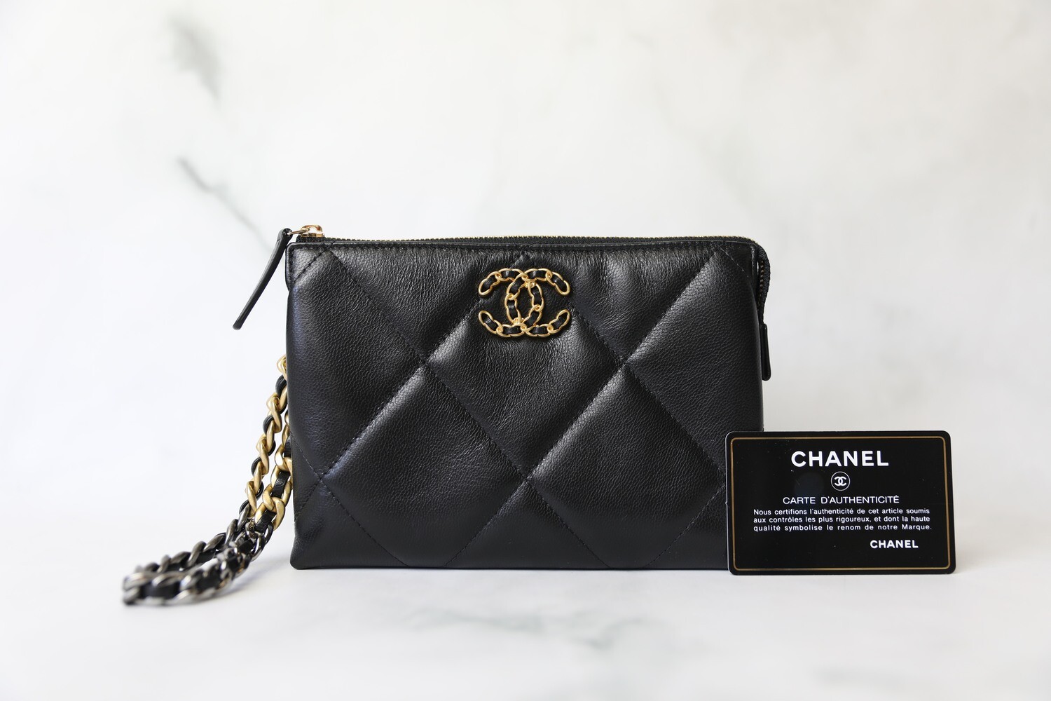 Chanel 19 Wristlet Pouch, Black Lambskin, Preowned in Box
