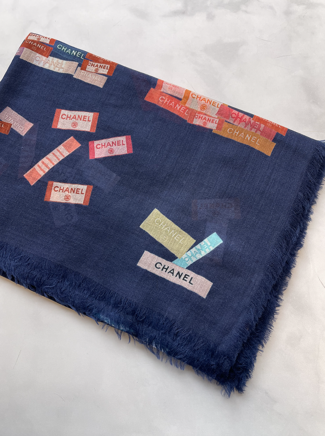 Chanel Scarf Lightweight Cashmere, Dark Blue, Tag Colorful, New - No Box