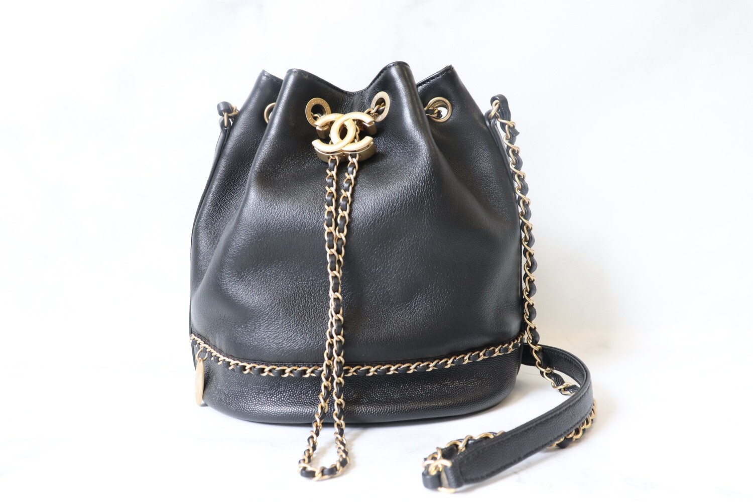 Chanel Bucket Black Leather, Brushed Gold Hardware, Preowned in Dustbag