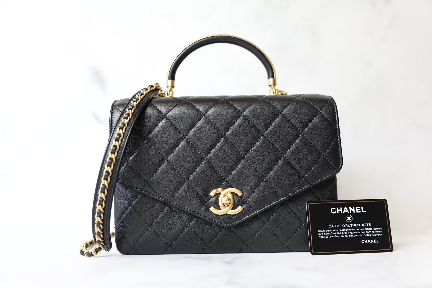 Chanel V Flap with Top Handle, Black Calfskin with Gold Hardware, Preowned in Box WA001