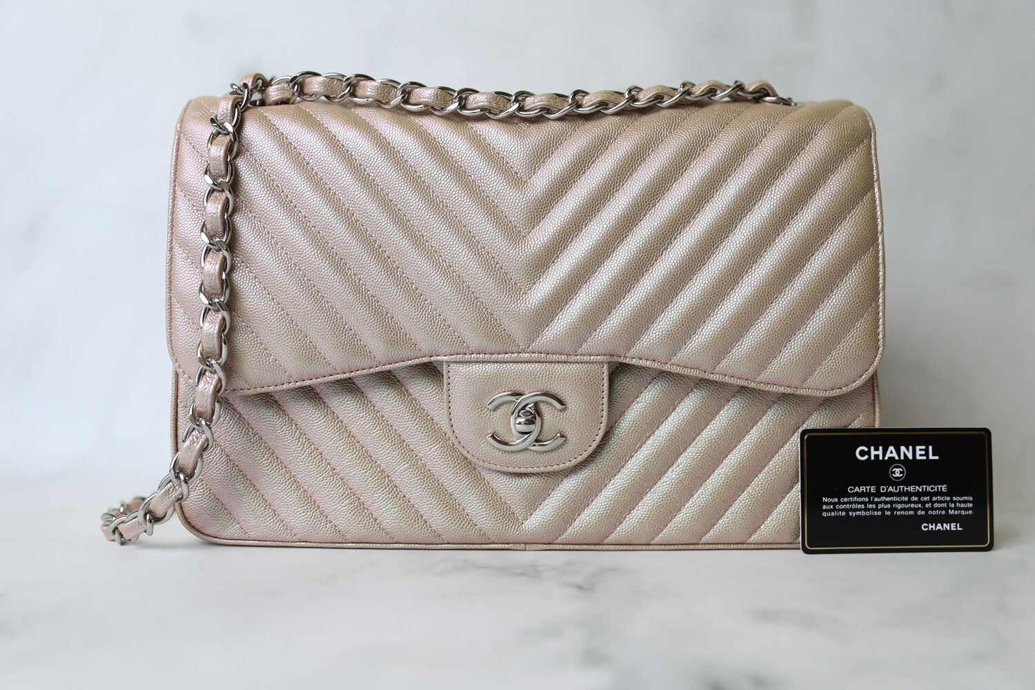 Chanel Classic Jumbo, 17B Rose Gold Caviar with Silver Hardware, Preowned in Box WA001