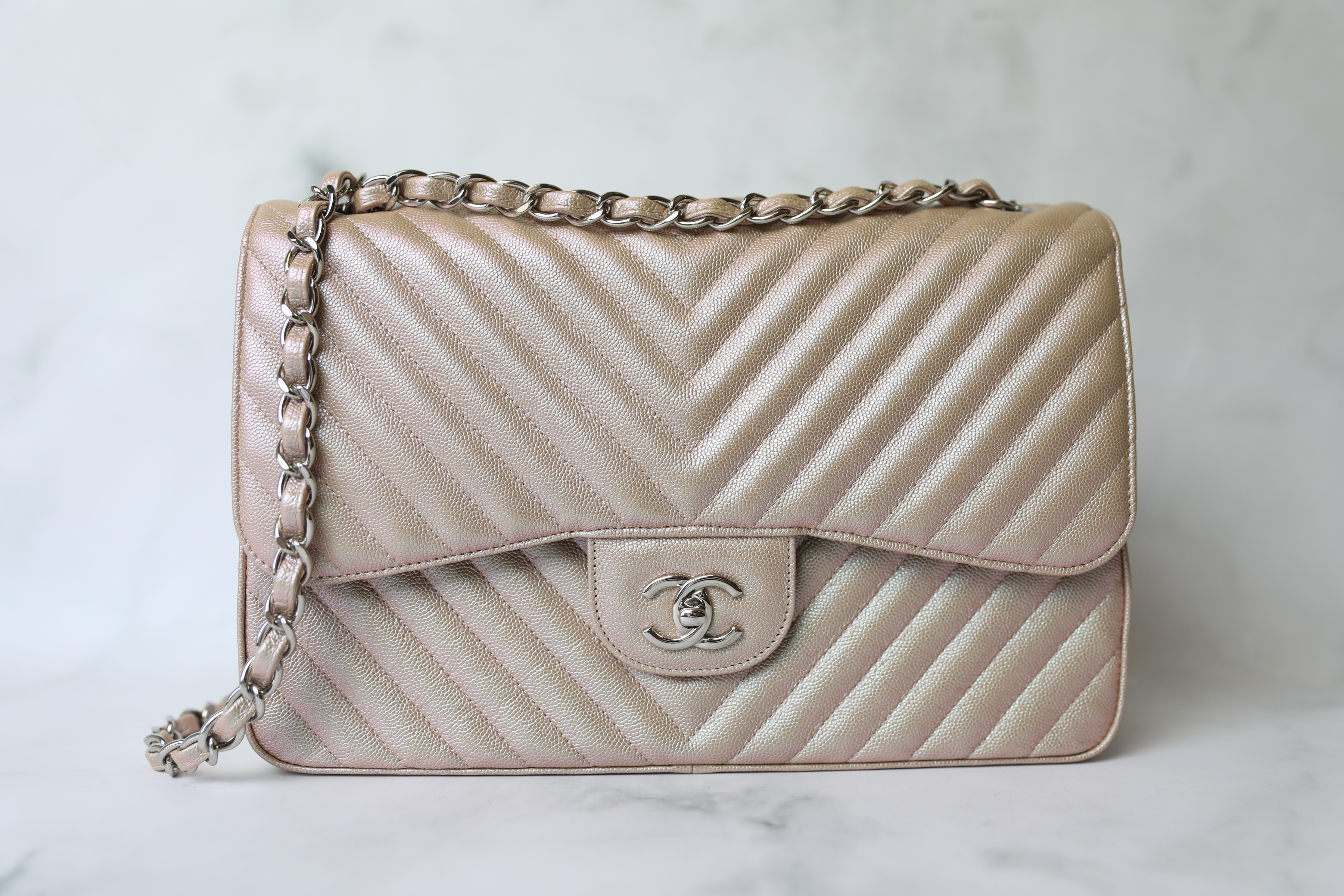 Chanel Classic Jumbo, 17B Rose Gold Caviar with Silver Hardware