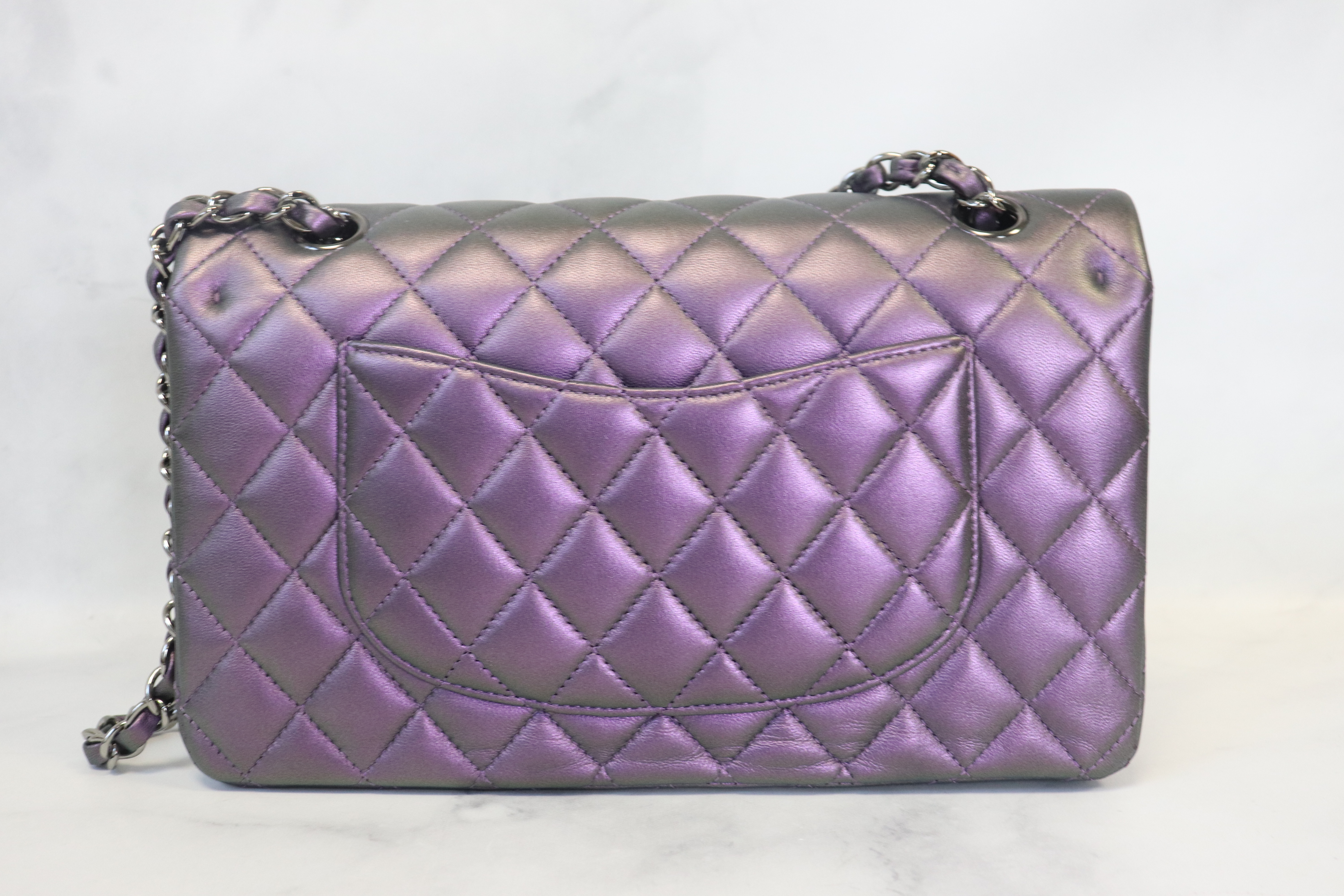 Chanel Classic Medium Double Flap, Dark Purple Iridescent Lambskin Leather,  Shiny Black Hardware, Preowned in Black Dustbag - Julia Rose Boston