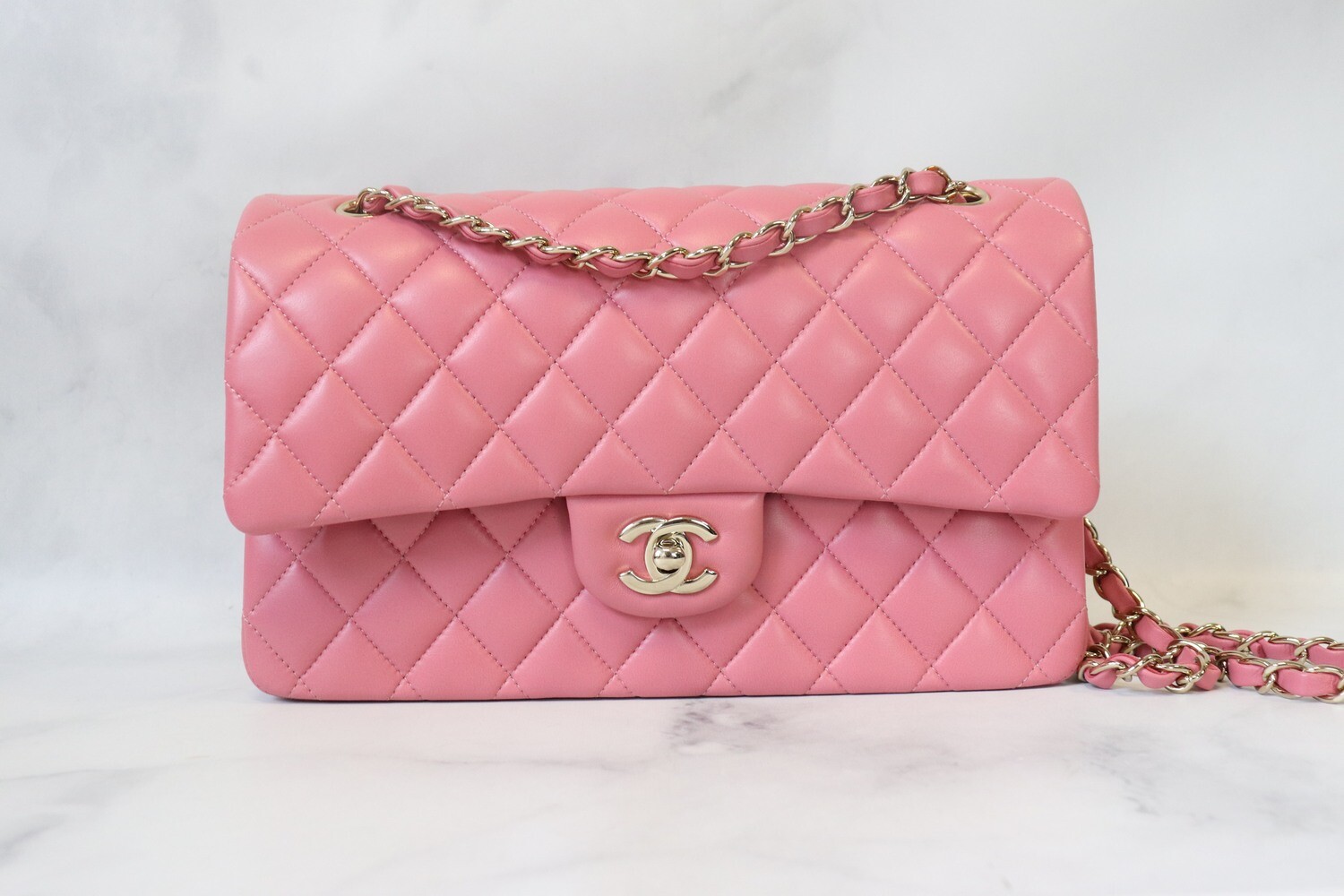 pink classic chanel flap