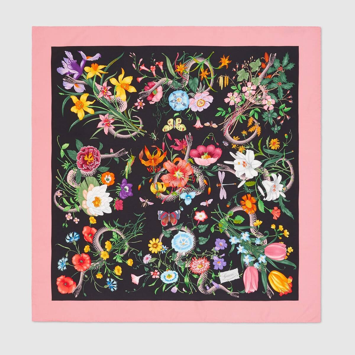 Gucci Shawl Silk, Black Flora Snake Print with Pink Border, New - No Box