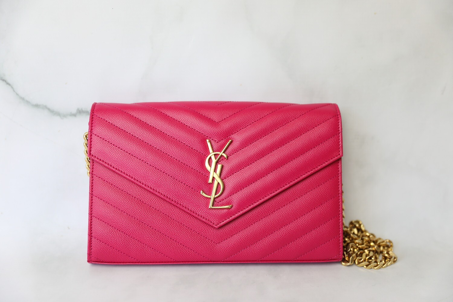 Saint Laurent Wallet on Chain Large, Hot Pink with Gold Hardware, Preowned no dustbag WA001