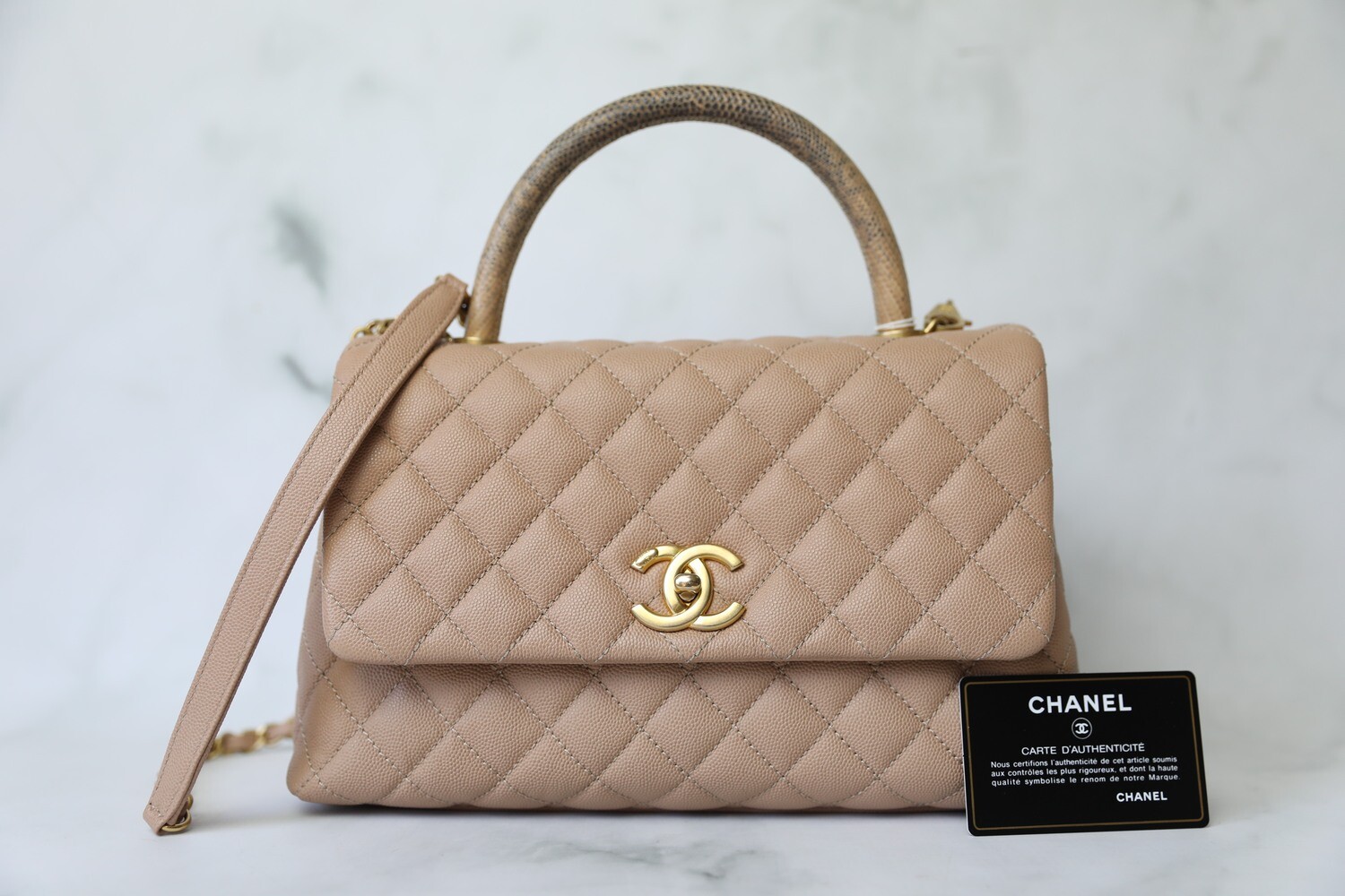 Chanel Coco Handle Medium, Beige Caviar with Exotic Handle and Gold Hardware, Preowned in Dustbag WA001