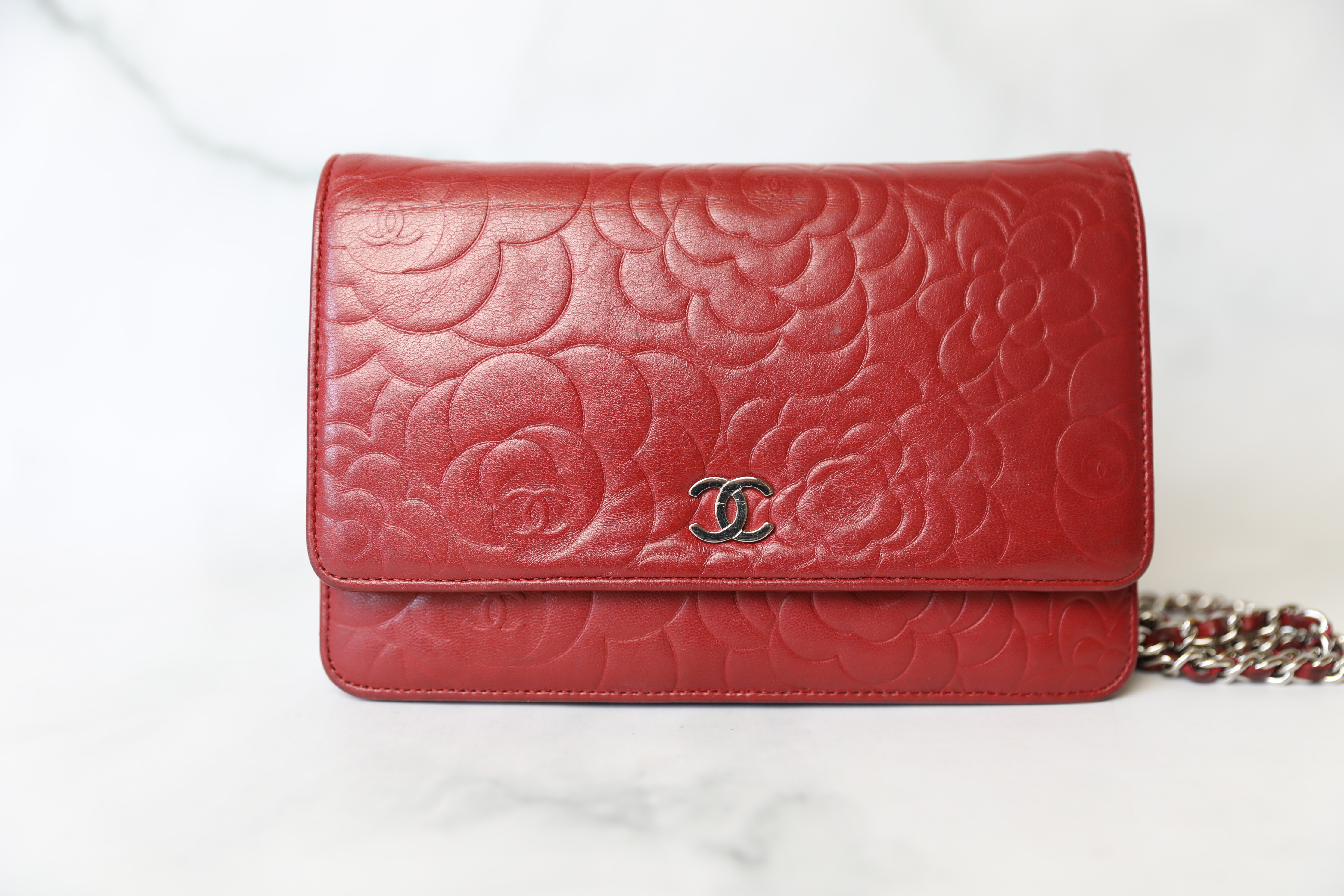 Chanel Camellia Embossed Wallet On Chain WOC Red Lambskin Silver Hardw –  Coco Approved Studio