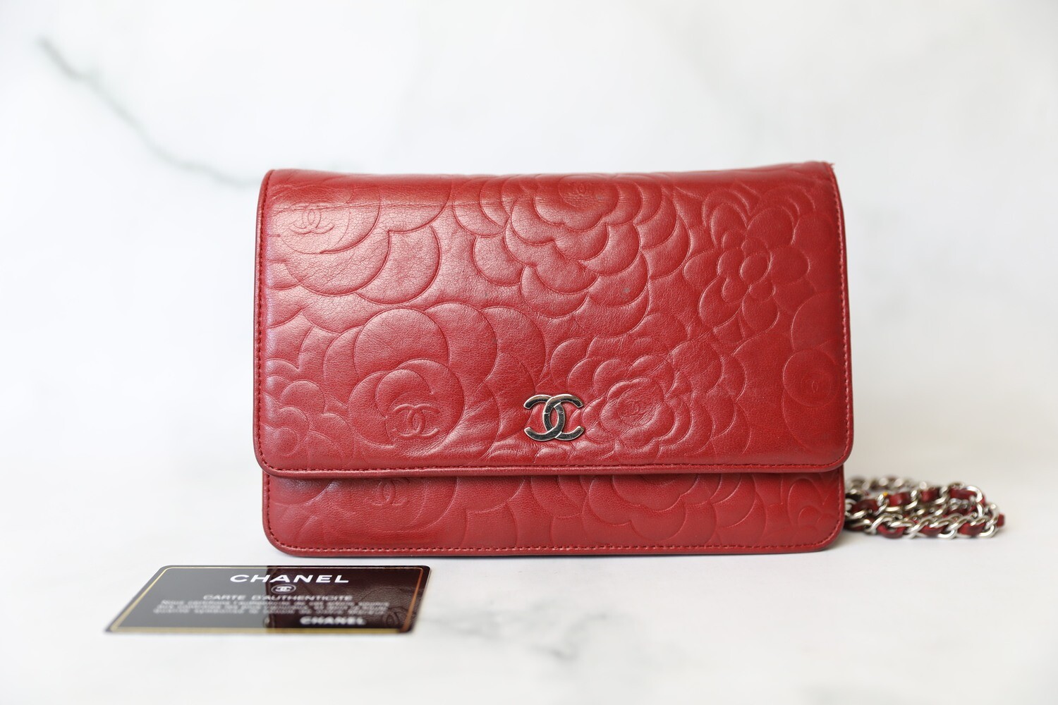 Chanel Camellia Wallet on Chain, Red Lambskin with Silver Hardware, Preowned in Box WA001