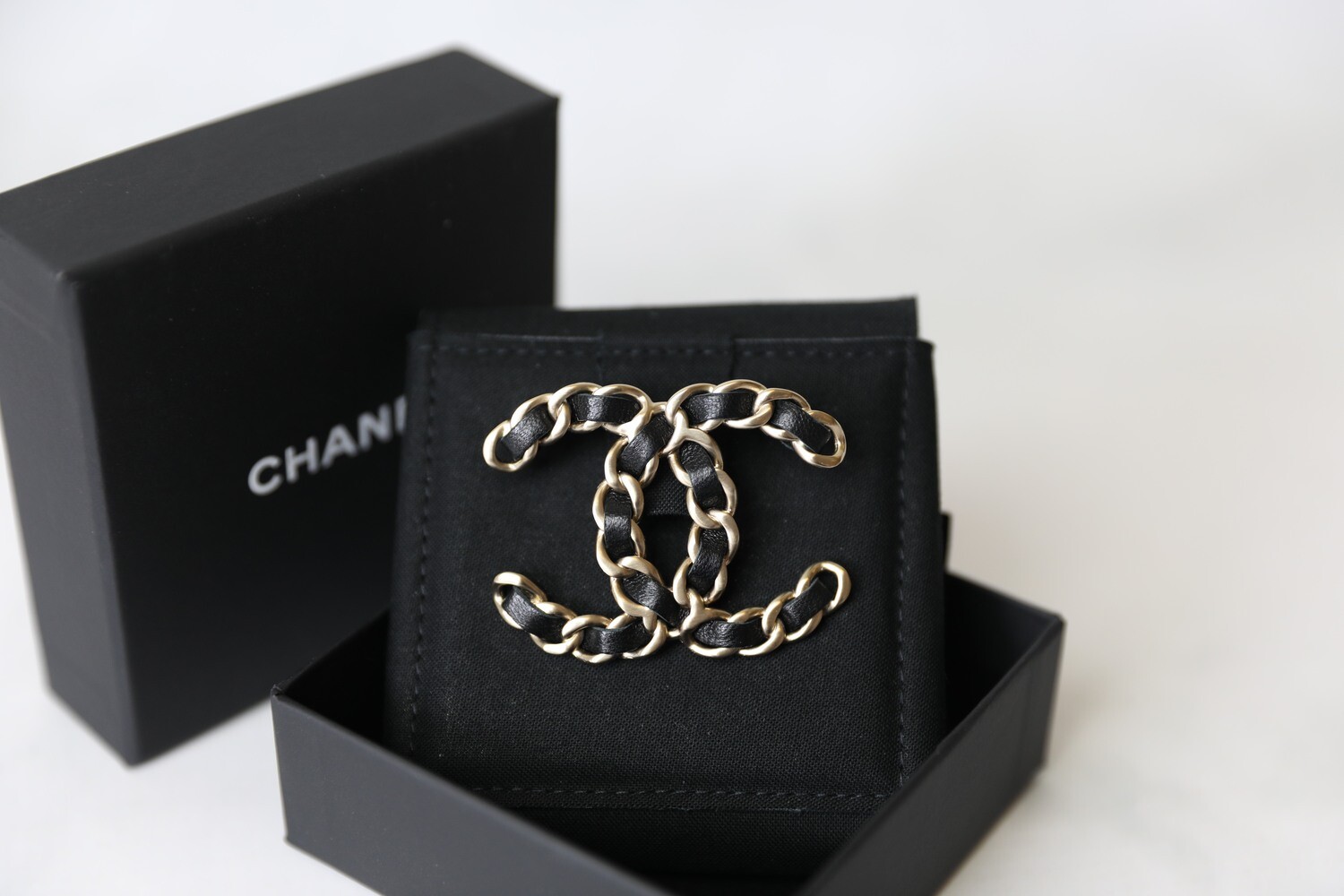 Chanel Brooch, Black Leather Threaded, New in Box WA001
