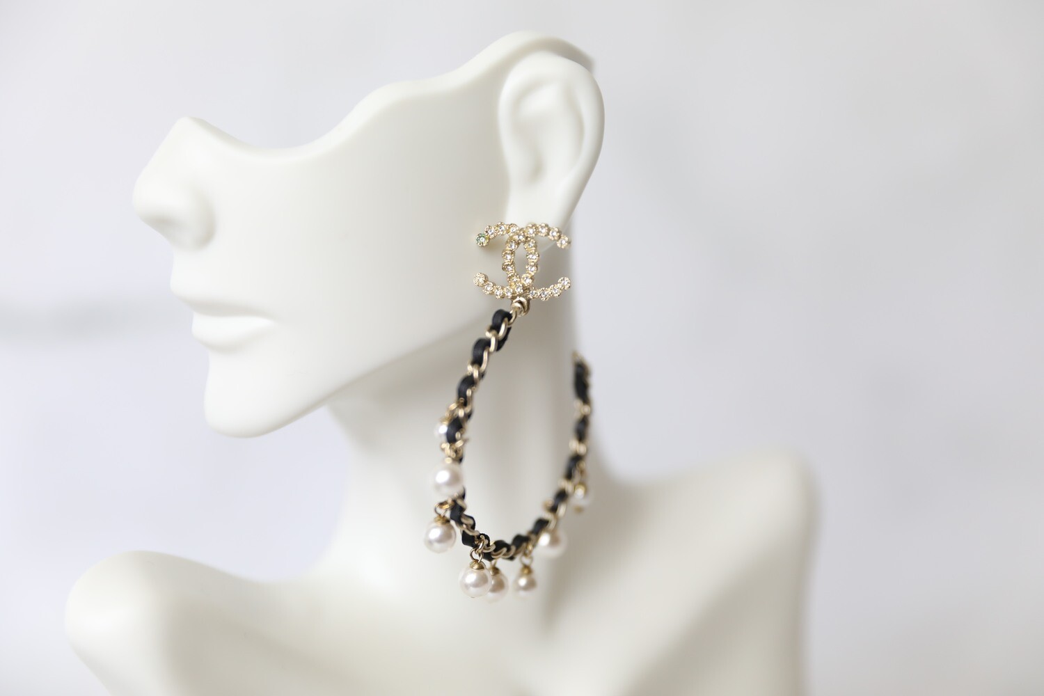 Chanel Earrings Drop Hoop with Black Leather and Pearls, New in Box WA001