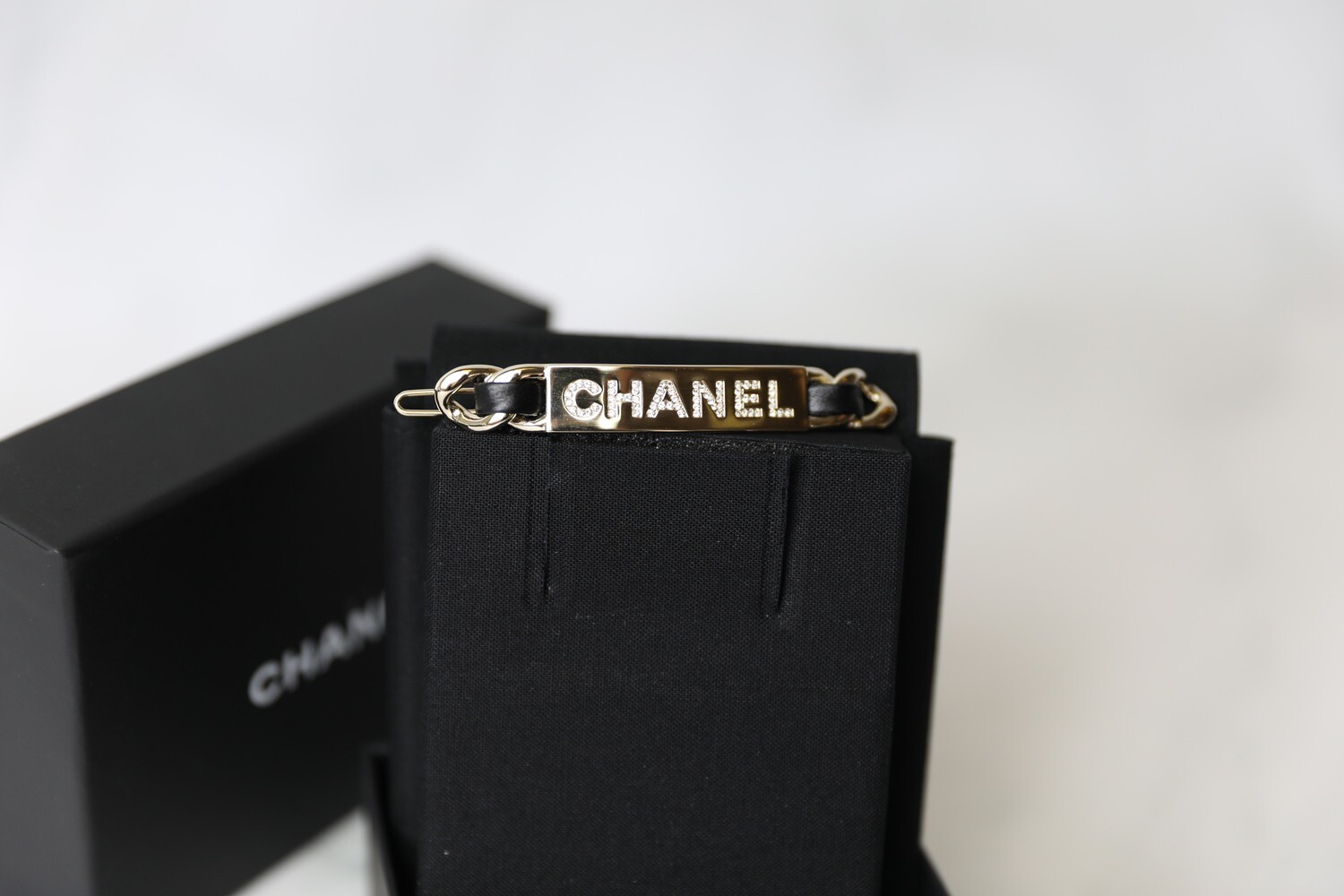 Chanel Hair Clip, Black Leather with Crystals, New in Box WA001