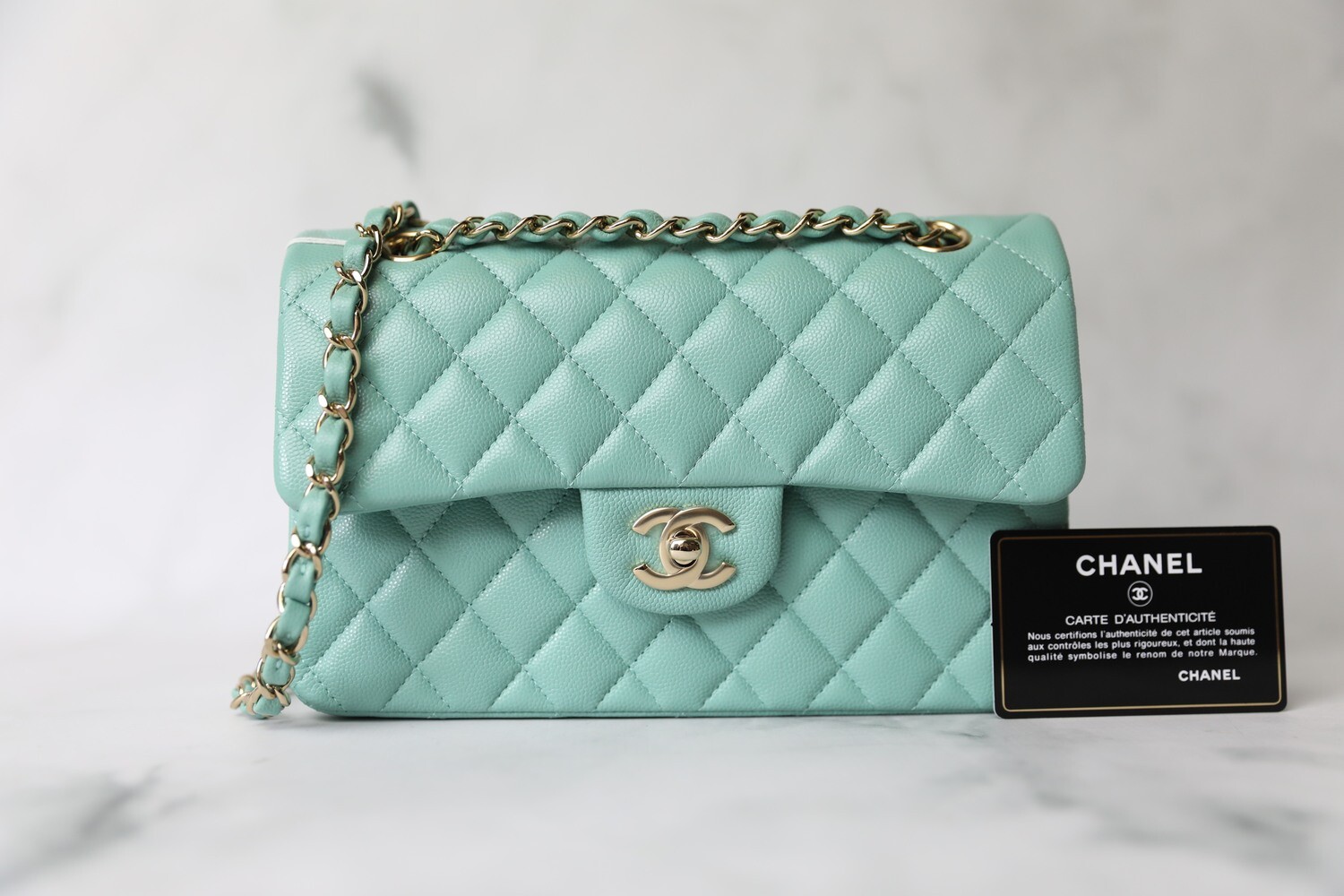 Chanel Classic Small, 21S Tiffany Blue Caviar with Gold Hardware