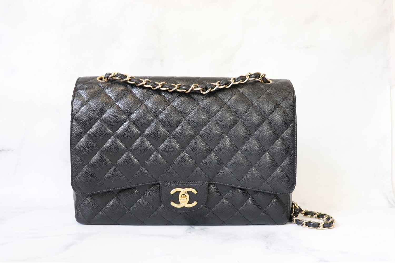 Chanel Classic Maxi Double Flap, Black Caviar Leather, Gold Hardware, Preowned in Box MA001