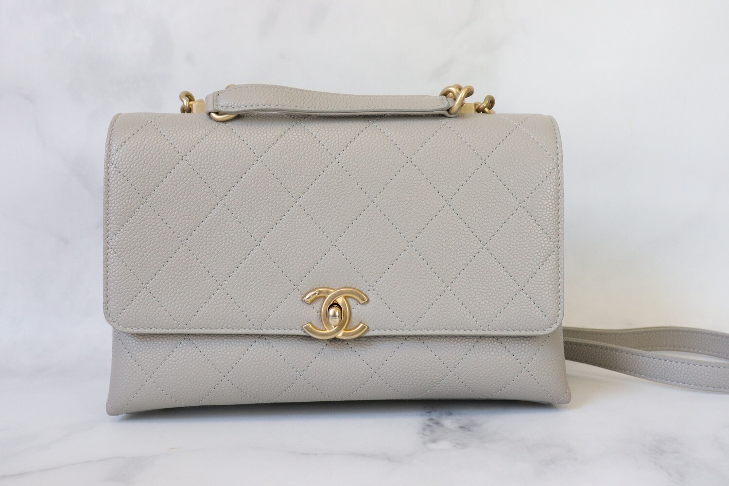 Chanel Seasonal Flap Bag, Grey Caviar Leather, Brushed Gold Hardware, Preowned in Dustbag