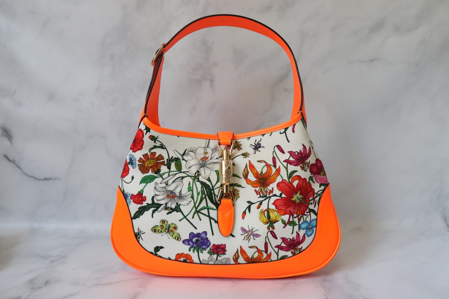 Gucci Jackie Floral Hobo, Neon Orange, As New in Dustbag