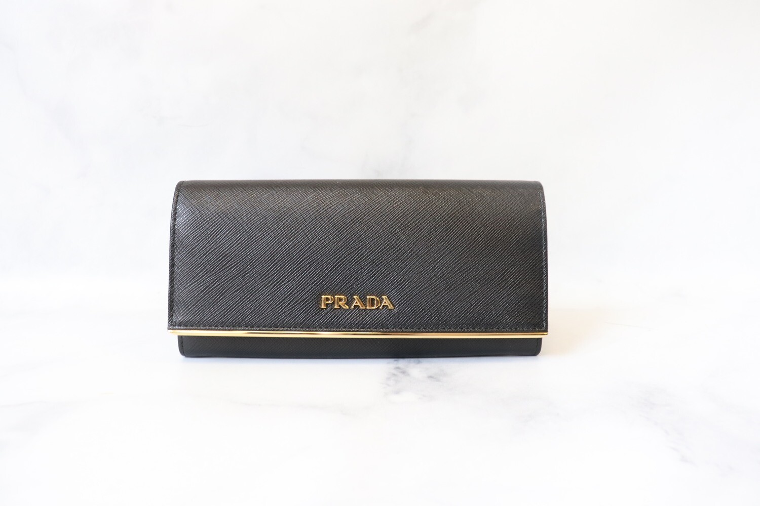 Prada SLG Wallet Black Leather with Gold Hardware, Like New - No Dustbag
