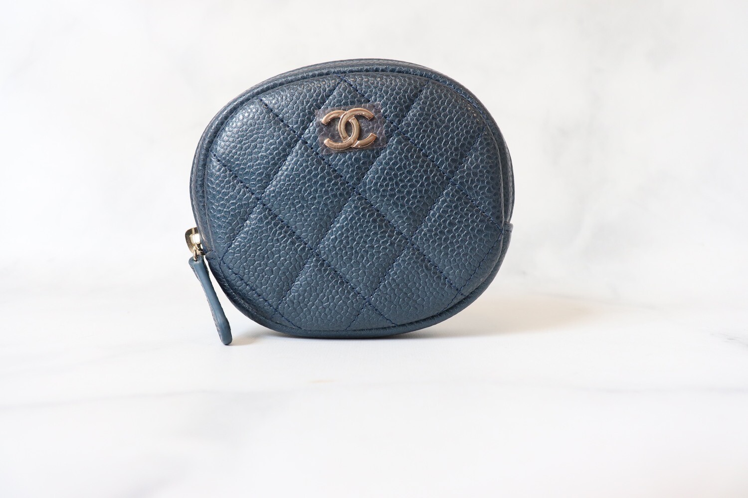 Chanel SLG 18K Round Coin Purse, Blue Caviar Leather, Light Gold Hardware,  As New in Box MA001
