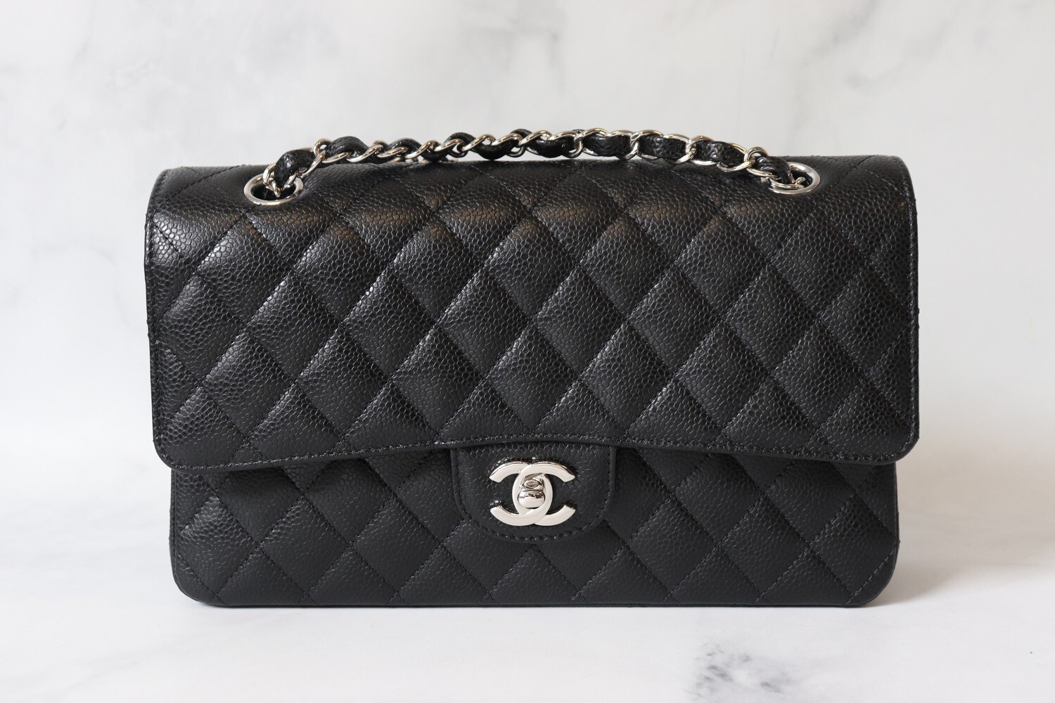 Chanel Classic Medium Double Flap, Black Caviar Leather, Silver Hardware, As New in Box