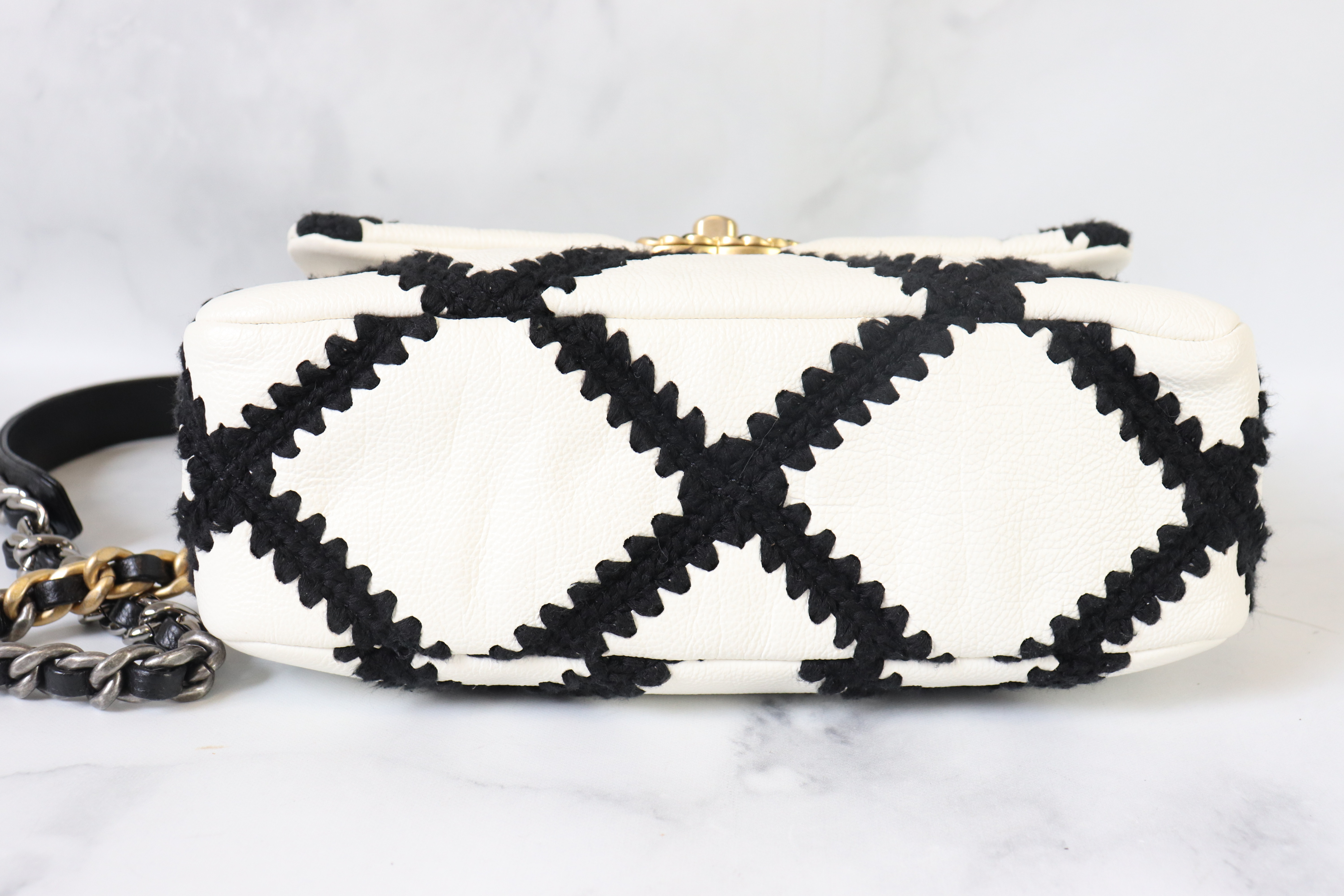 Chanel 19 Small, White with Black Crochet, Preowned In Box - Julia