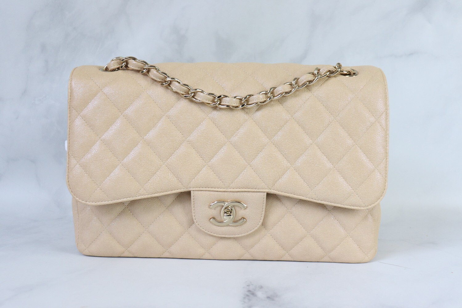 CHANEL Caviar Quilted Medium Double Flap Bag Beige