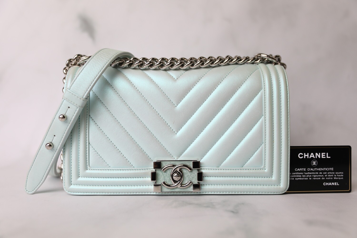 Chanel Boy Old Medium, Blue Chevron Calfskin with silver Hardware, Preowned in Box WA001