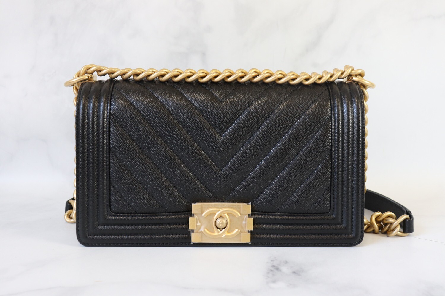 Chanel Boy Bag Old Medium, 21B Black Chevron Caviar with Gold Hardware, As New in Box