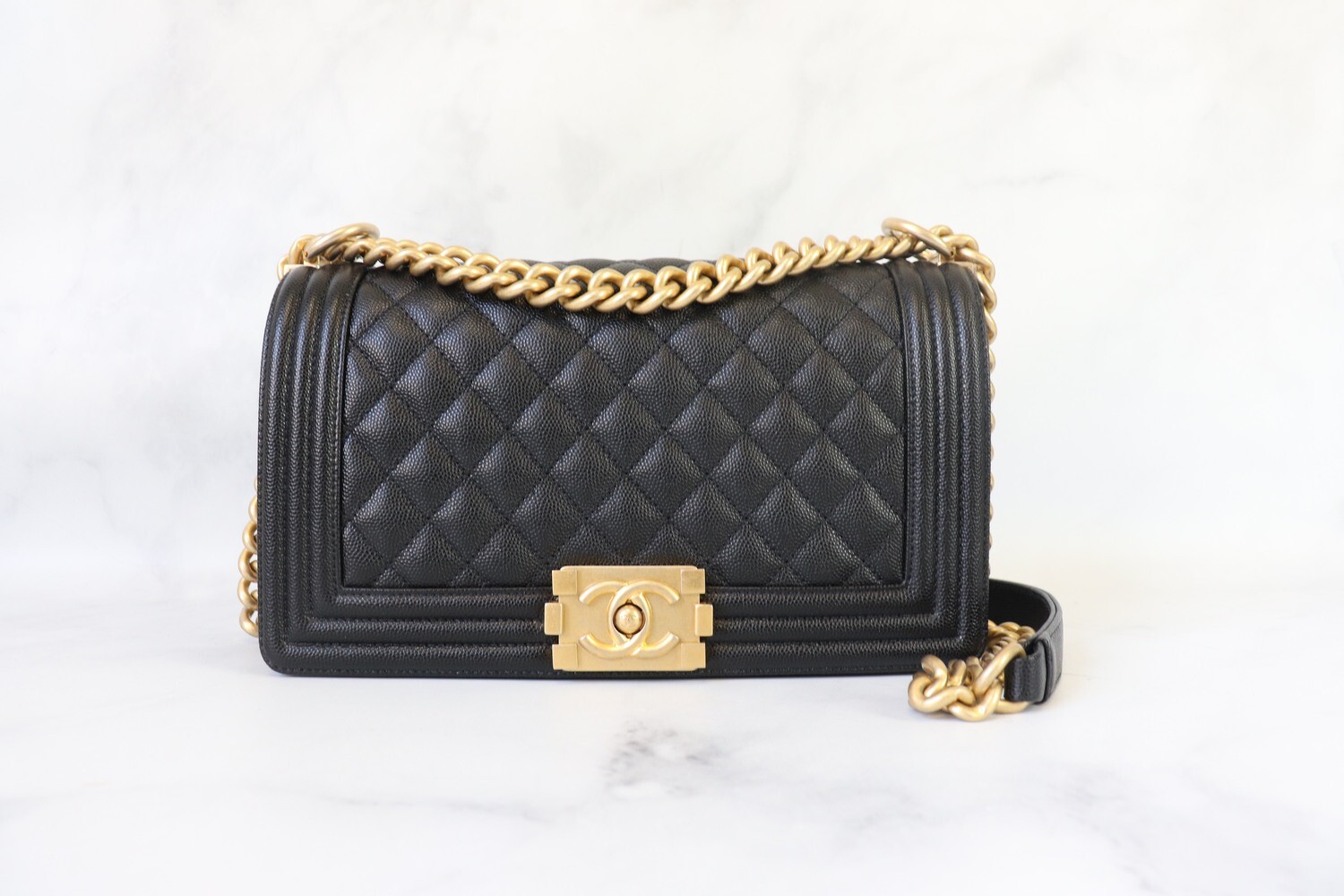 Chanel Boy Old Medium, Black Caviar Leather, Brushed Gold Hardware, New in Box
