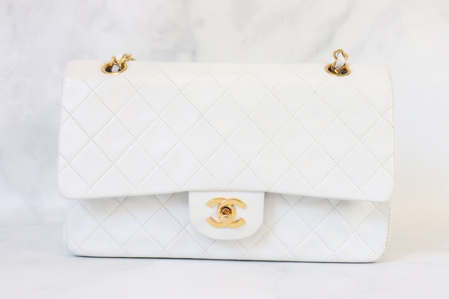 Chanel Vintage Medium Classic Flap, White, Gold Hardware, Preowned in Black Dustbag