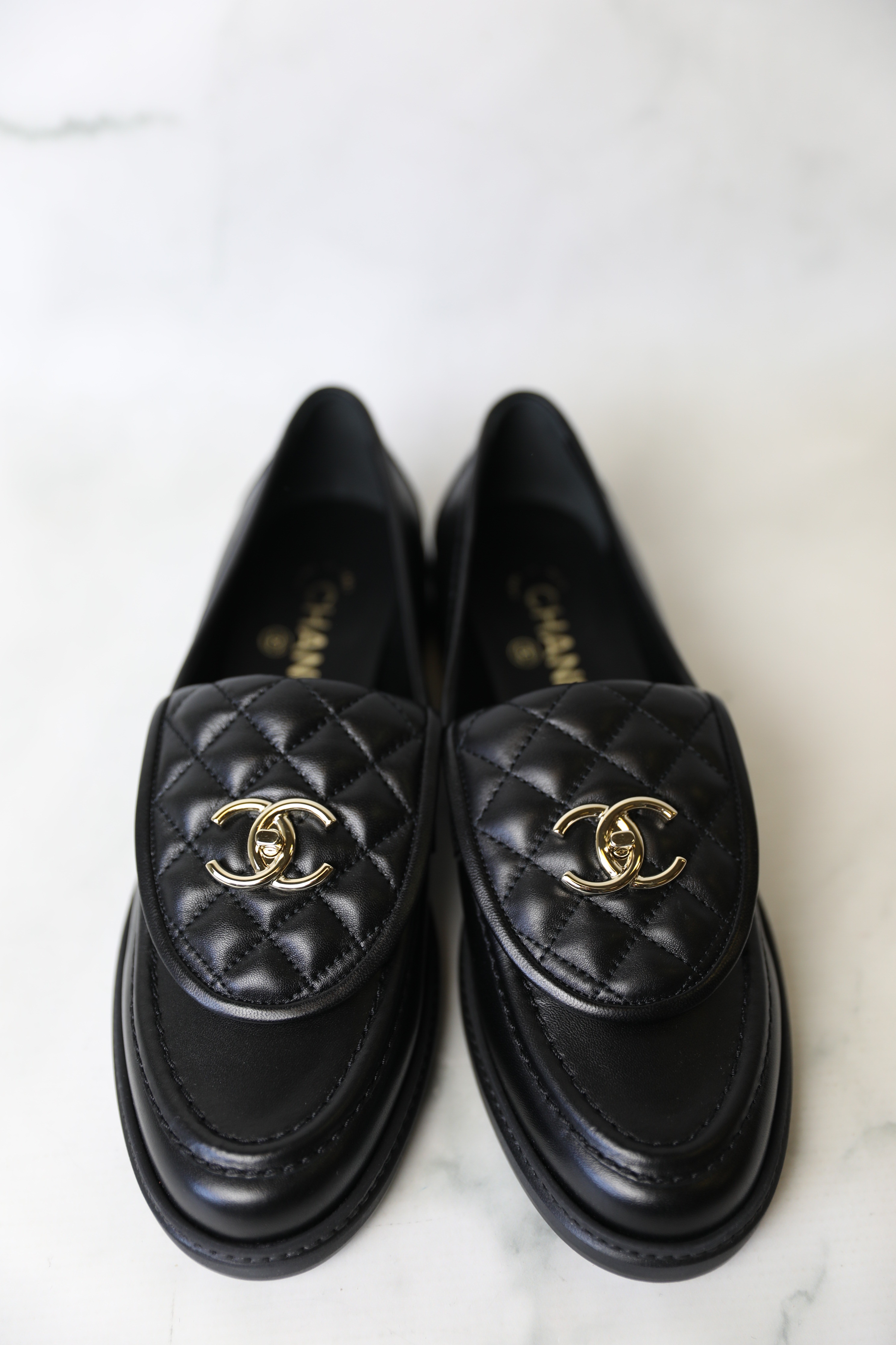 Chanel CC Turnlock Loafers Quilted Black Calfskin Gold Hardware Size 4 –  Coco Approved Studio