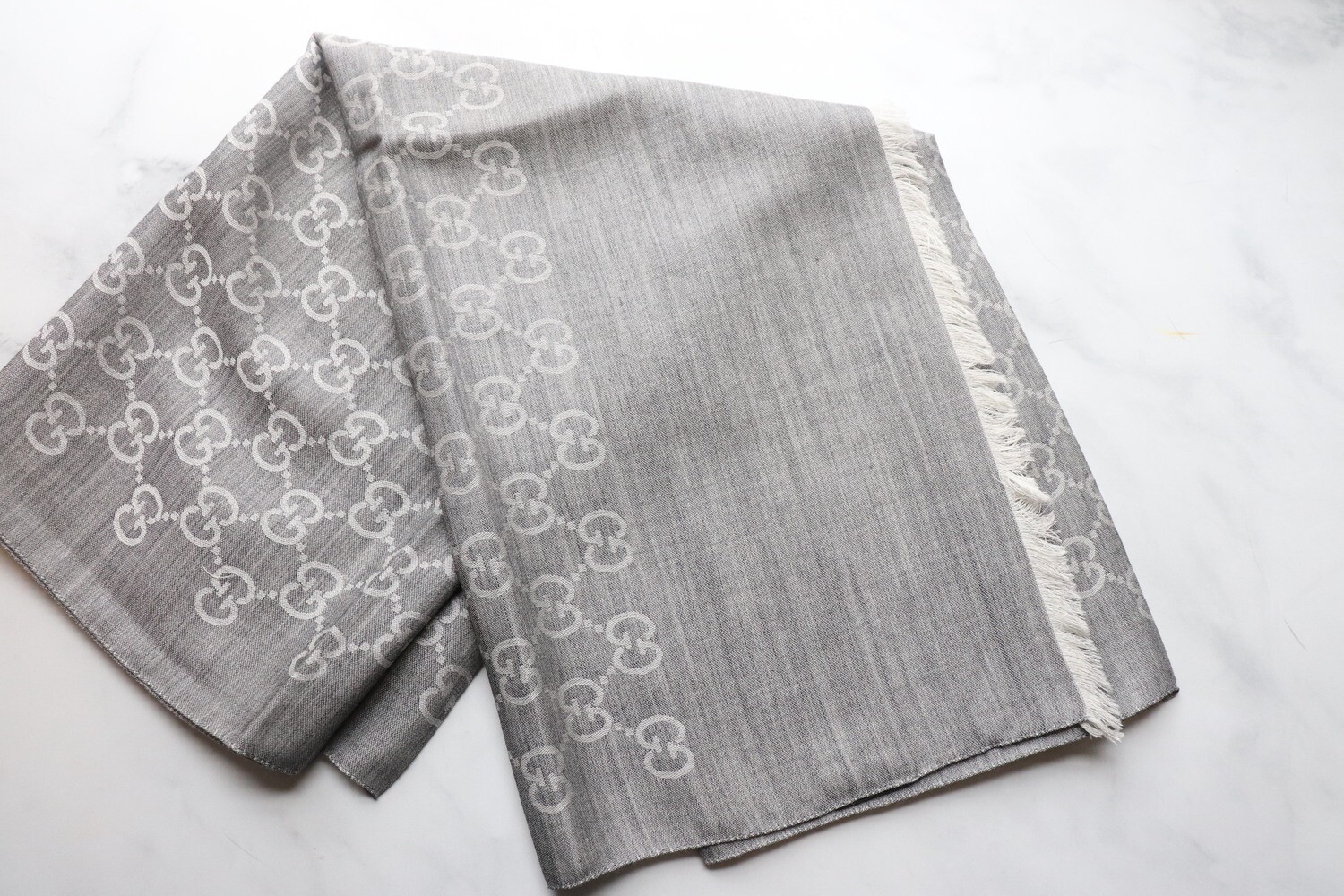 Gucci Scarf Lightweight Grey GG with Fringe, New - No Box