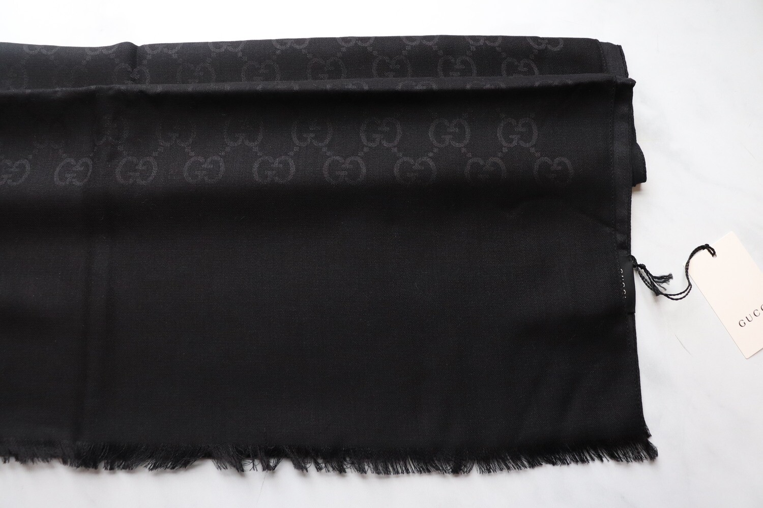 Gucci Scarf Lightweight Black GG with Fringe, New - No Box