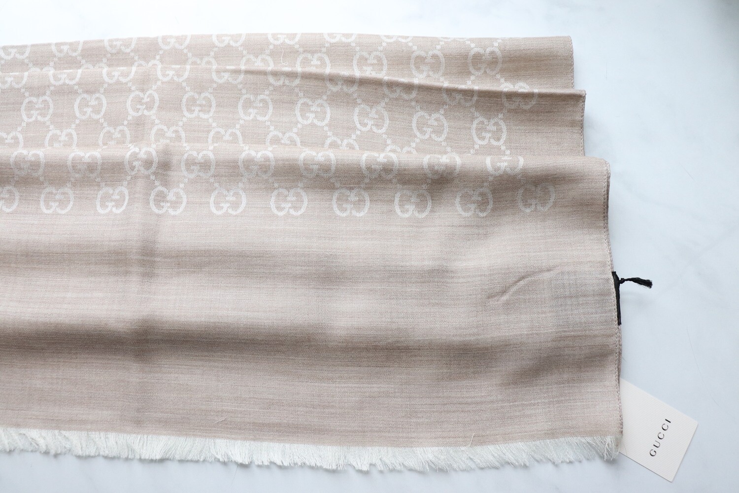 Reserved Gucci Scarf Lightweight Beige GG with Fringe, New - No Box