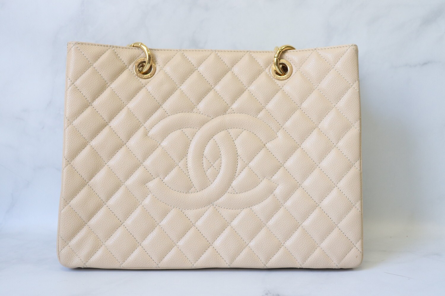 Chanel Grand Shopping Tote, GST, Beige Clair Caviar Leather, Gold Hardware, Preowned in  Box (Cardboard Flap)