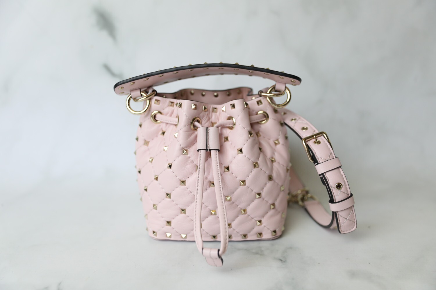 Valentino Rockstud Bucket Bag Mini, Pink with Gold Hardware, Preowned in Dustbag WA001