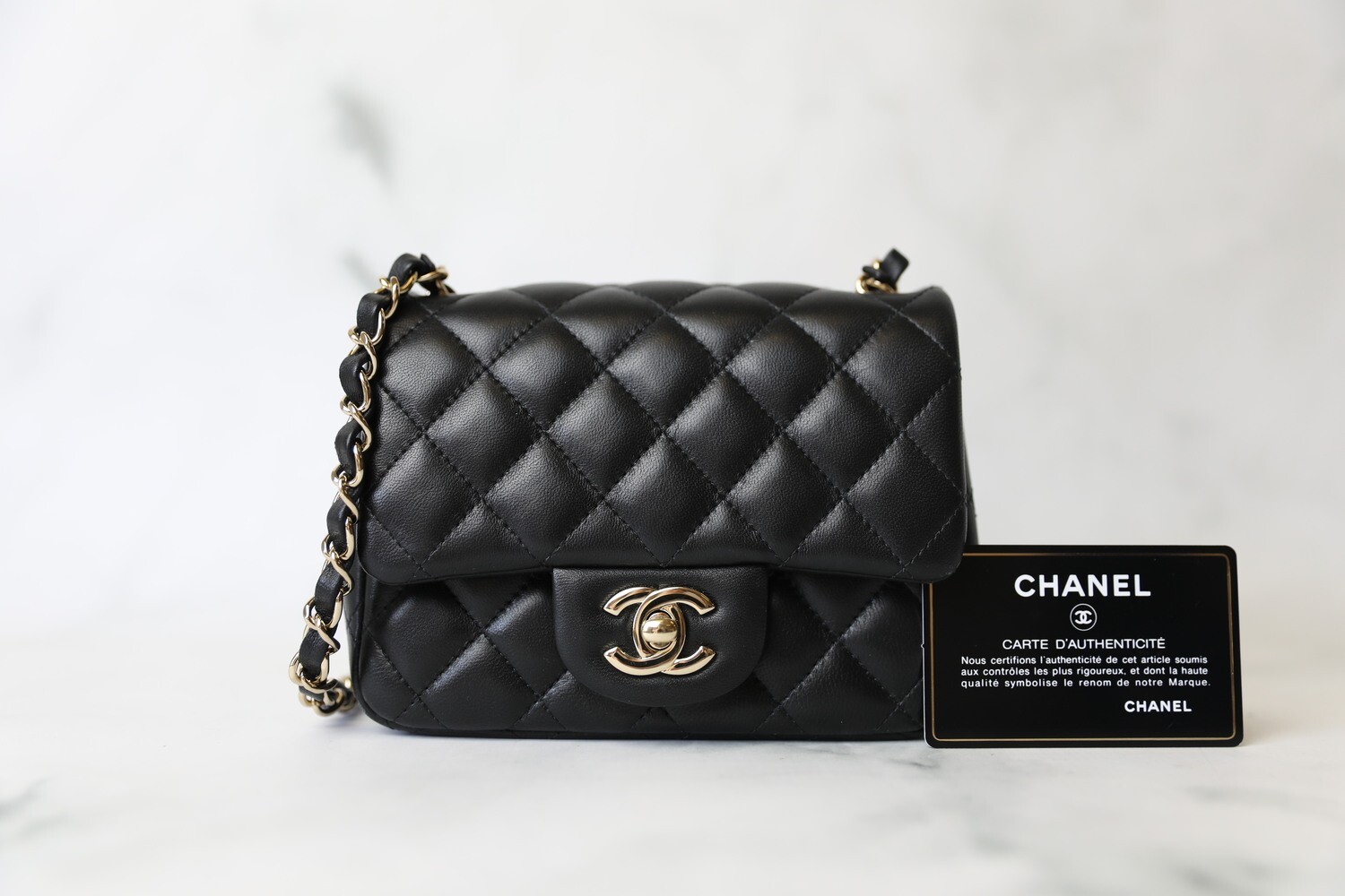Chanel Classic Mini Square, Black Lambskin with Gold Hardware, Preowned in Dustbag WA001