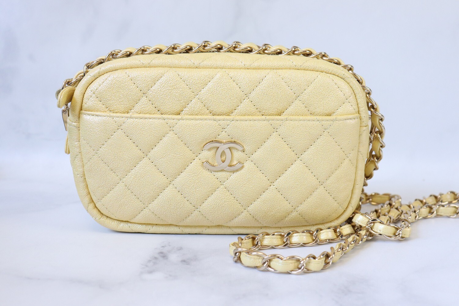 Chanel Camera Bag Small, Iridescent Yellow Caviar Leather with Gold Hardware,  Preowned in Dustbag - Julia Rose Boston
